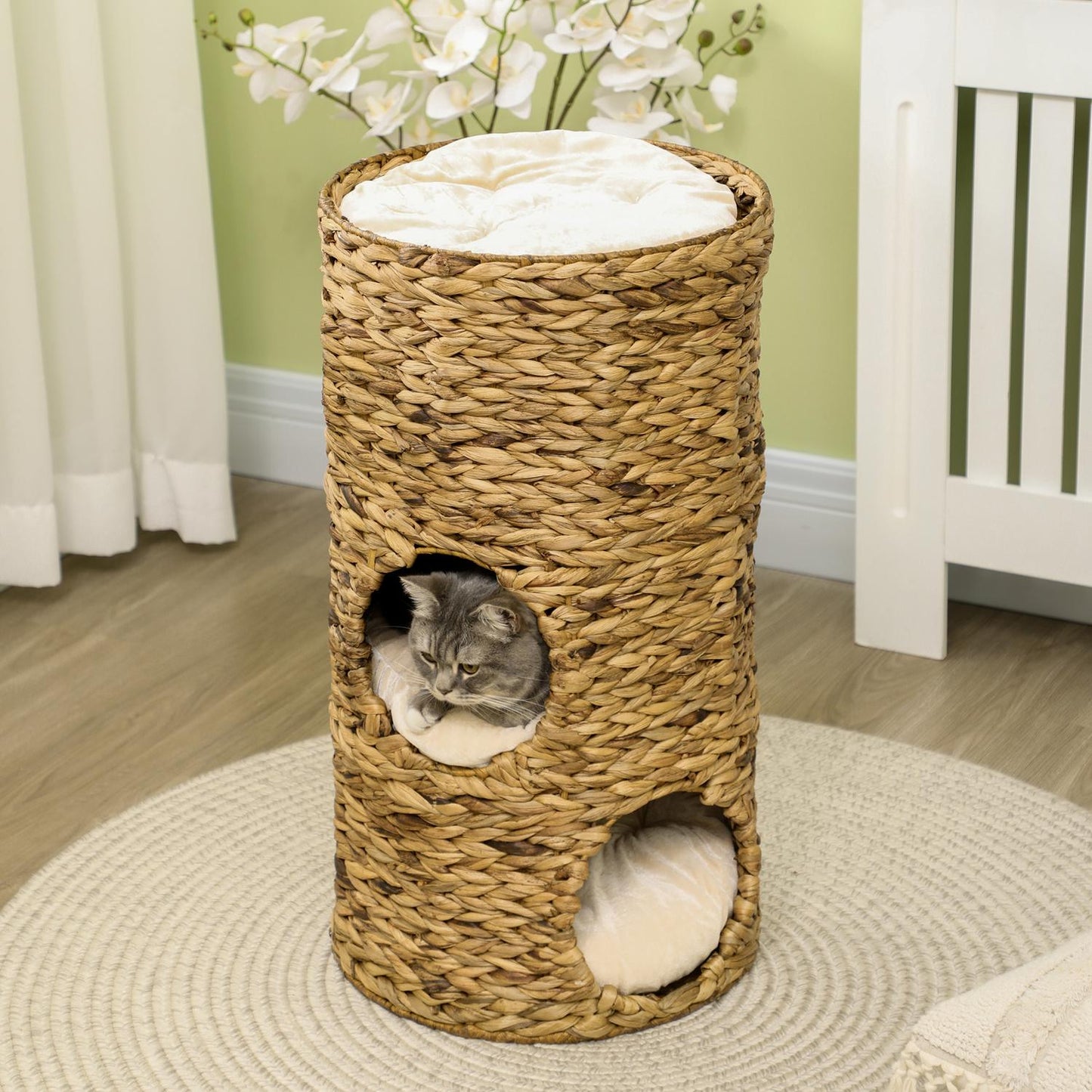 Cat Tower with 3 levels, cushioned, 73 cm - Water hyacinth