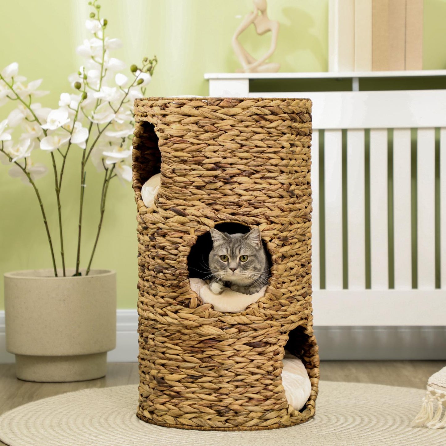 Cat Tower with 3 levels, cushioned, 73 cm - Water hyacinth