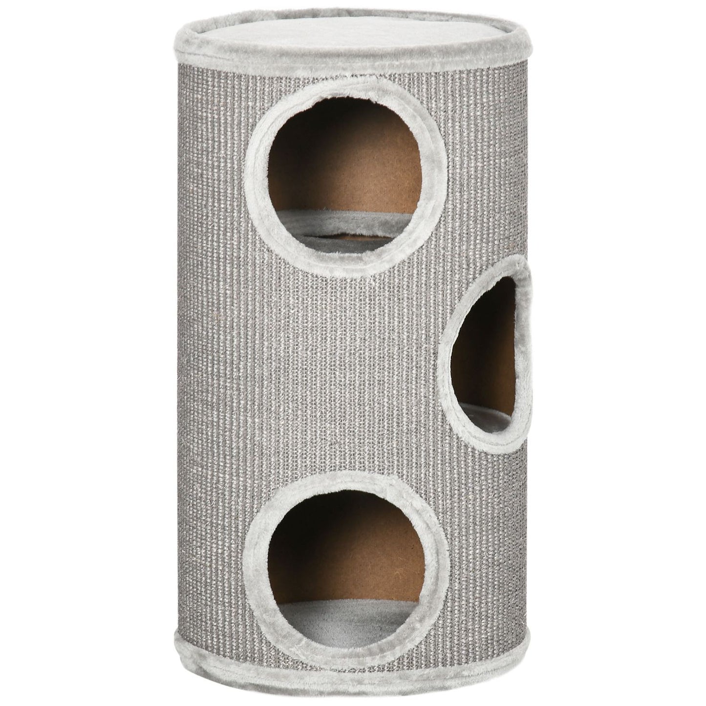 Cat Scratching Barrel with Sisal & Plush, 3 Caves, Light Grey