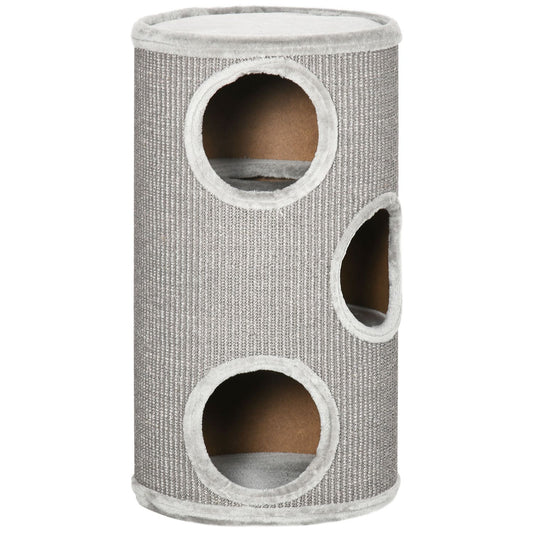Cat Scratching Barrel with Sisal & Plush, 3 Caves, Light Grey