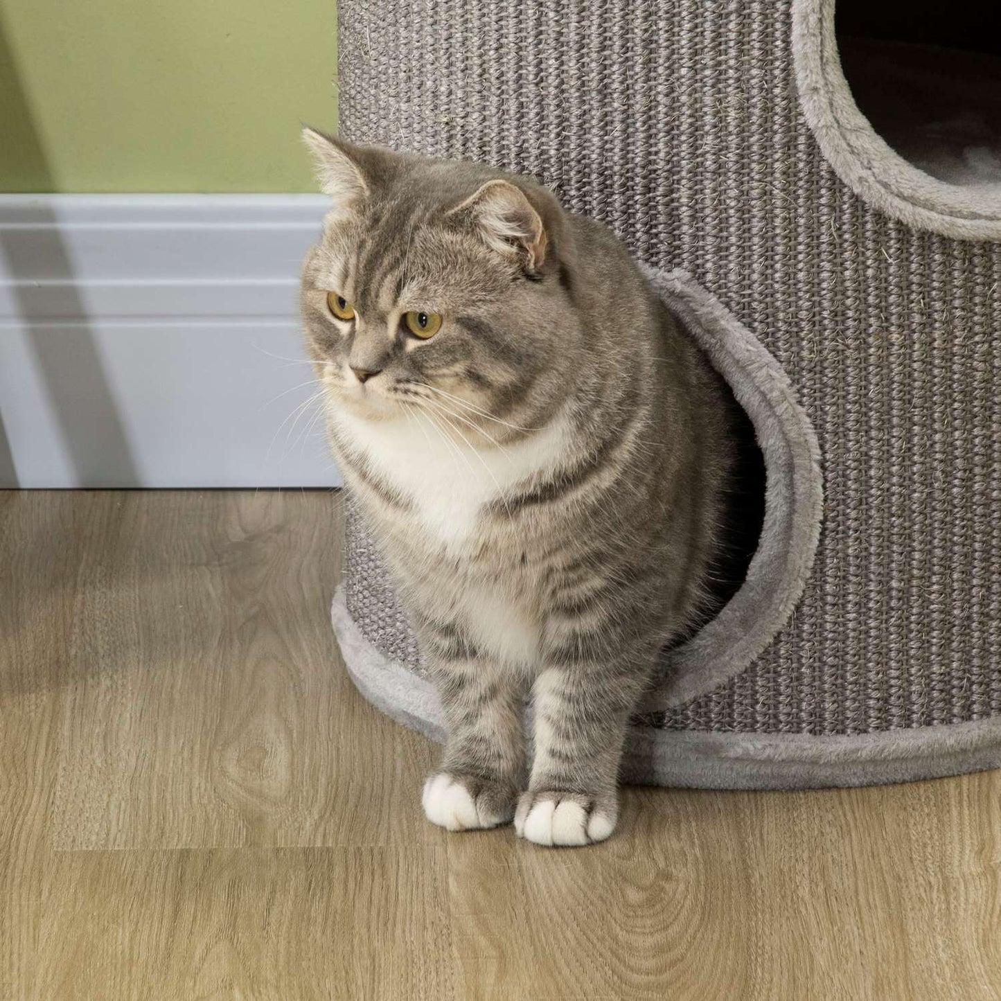 Cat Scratching Barrel with Sisal & Plush, 3 Caves, Light Grey