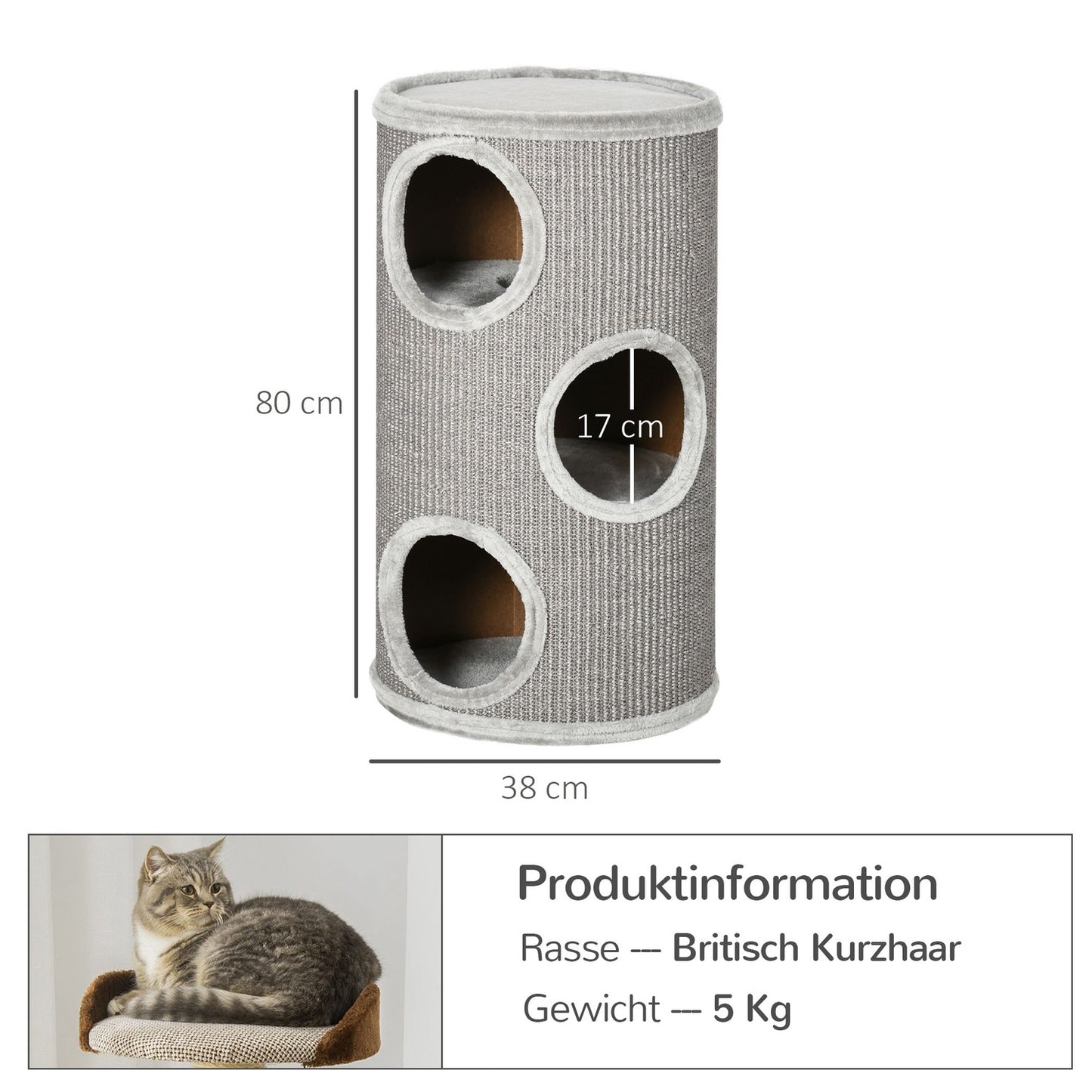 Cat Scratching Barrel with Sisal & Plush, 3 Caves, Light Grey