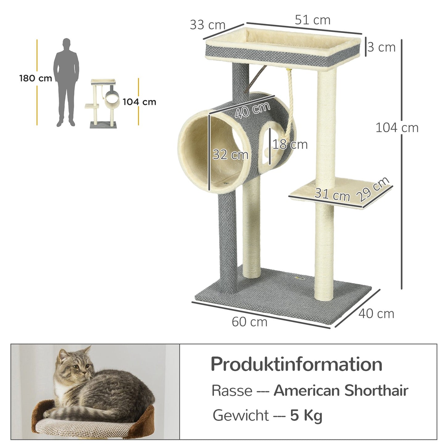 Cat tree with sisal scratching post, play ball and beds, gray