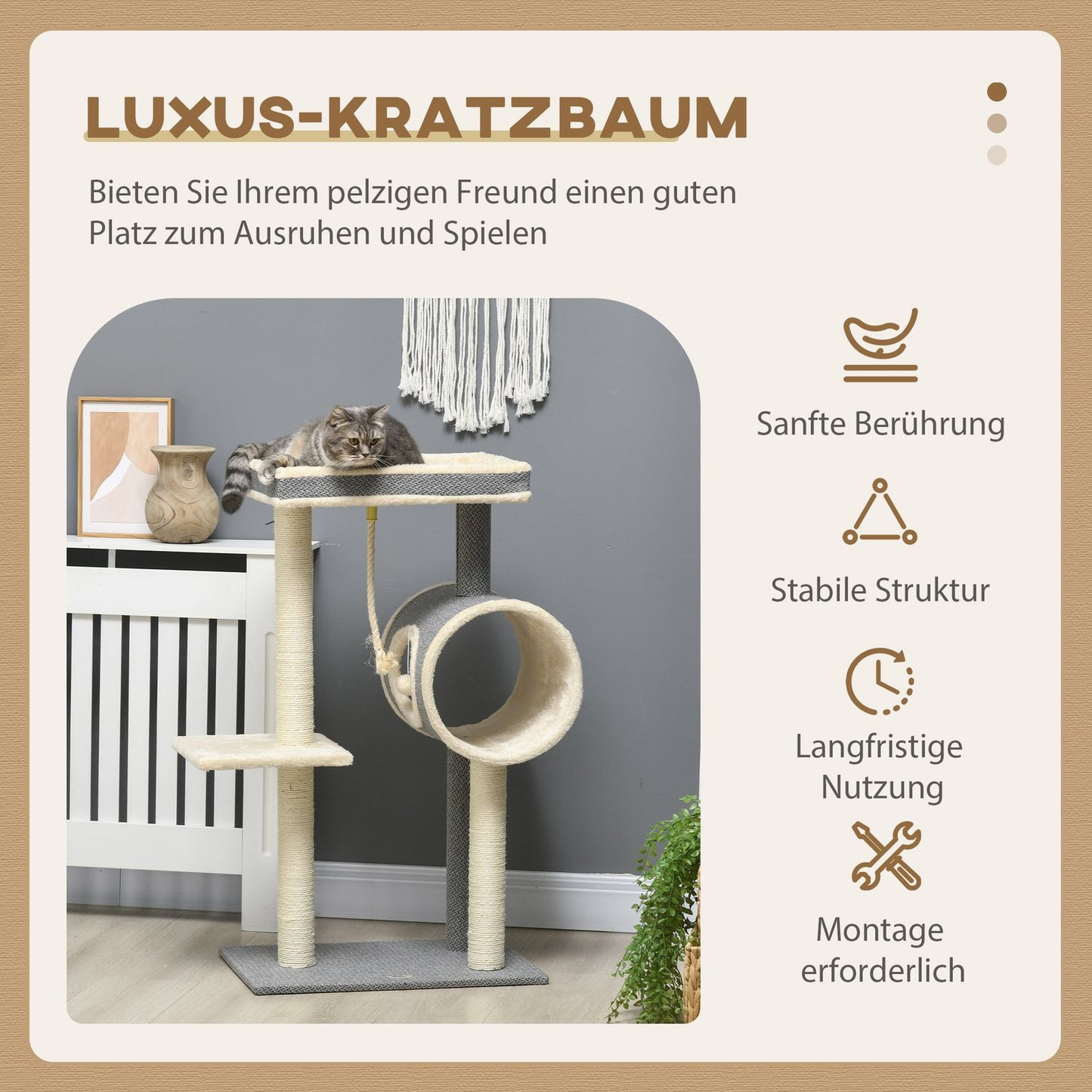 Cat tree with sisal scratching post, play ball and beds, gray