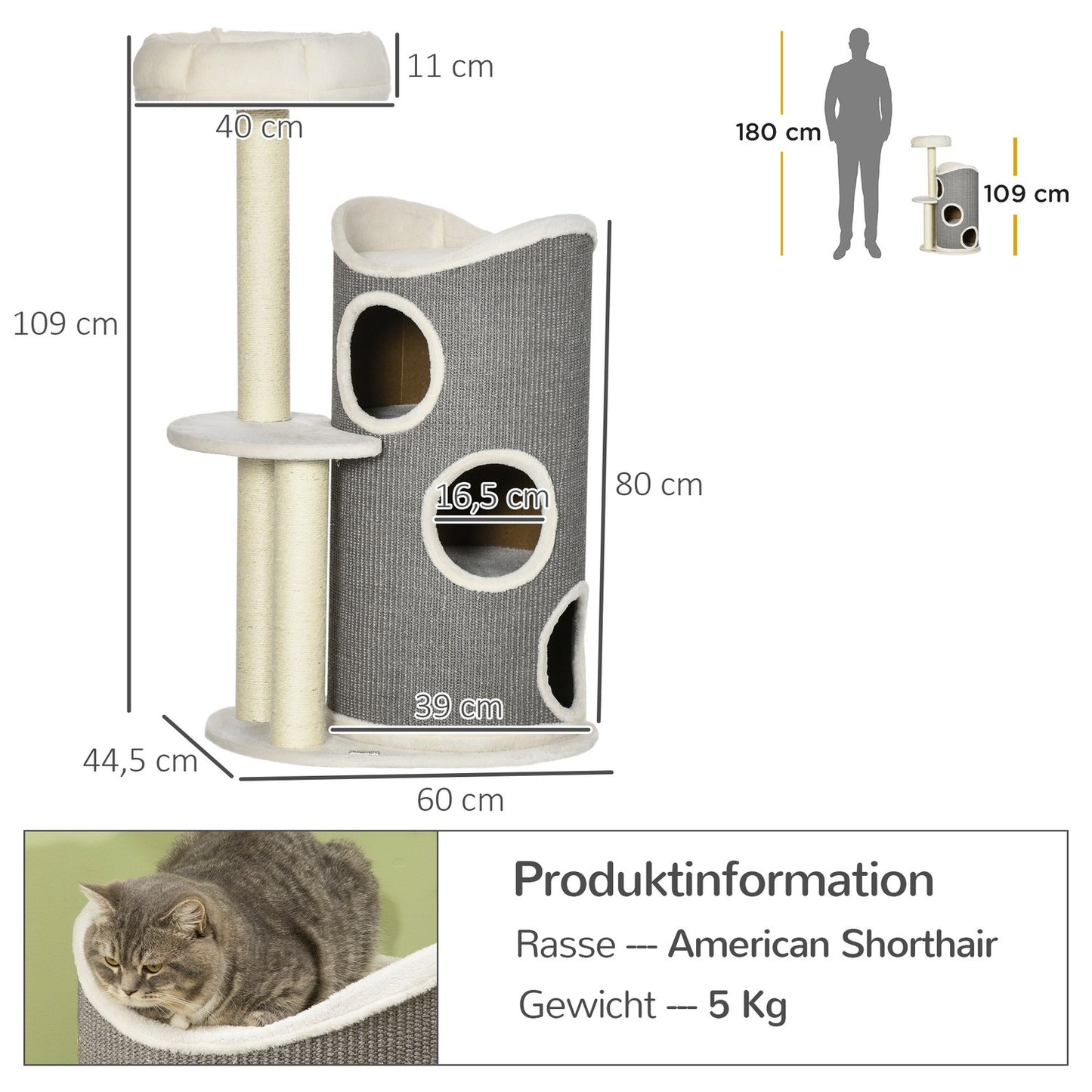 Cat tree 109cm with scratching post & bed, grey/white
