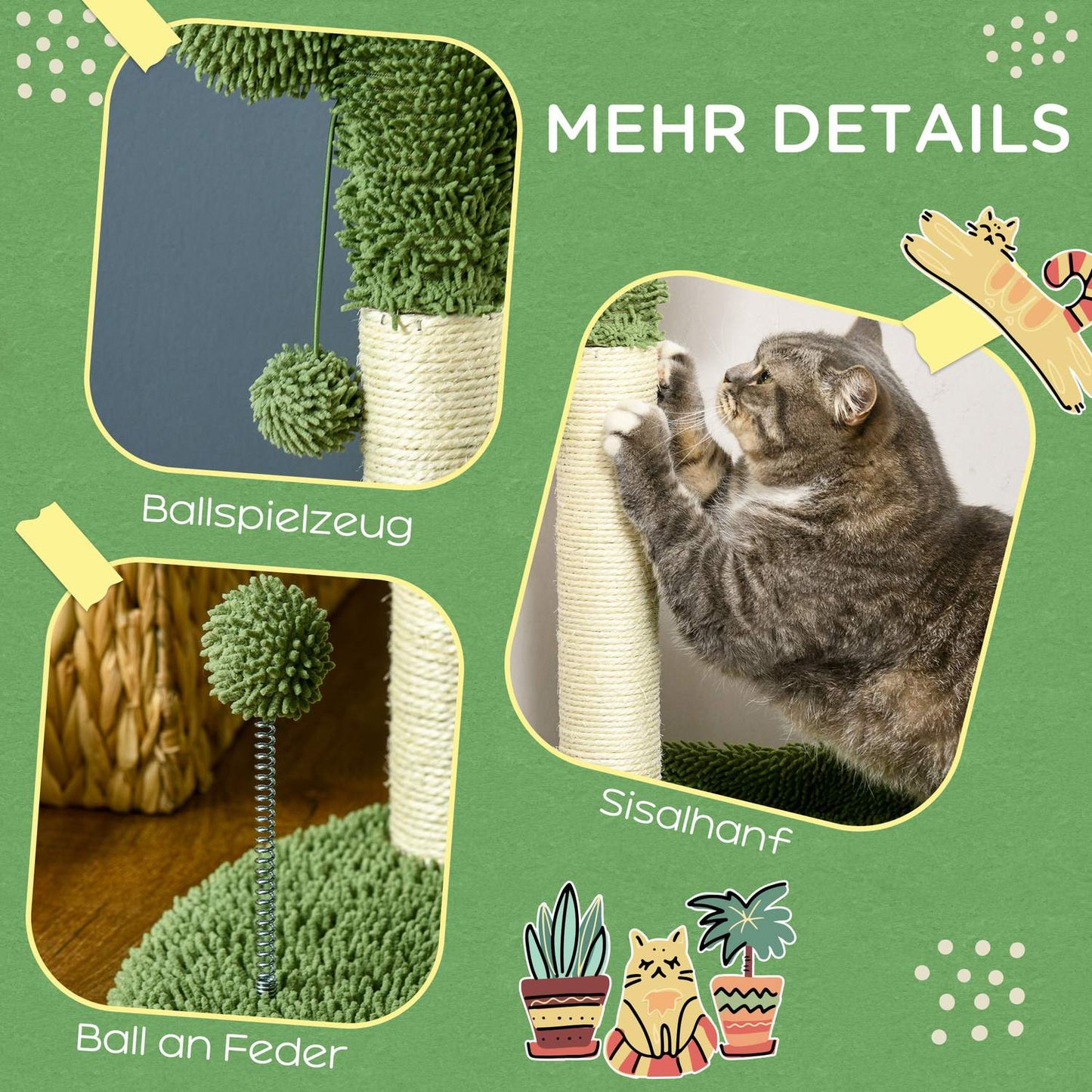 Cat scratching post 111 cm, 2 levels, Sisal, Green