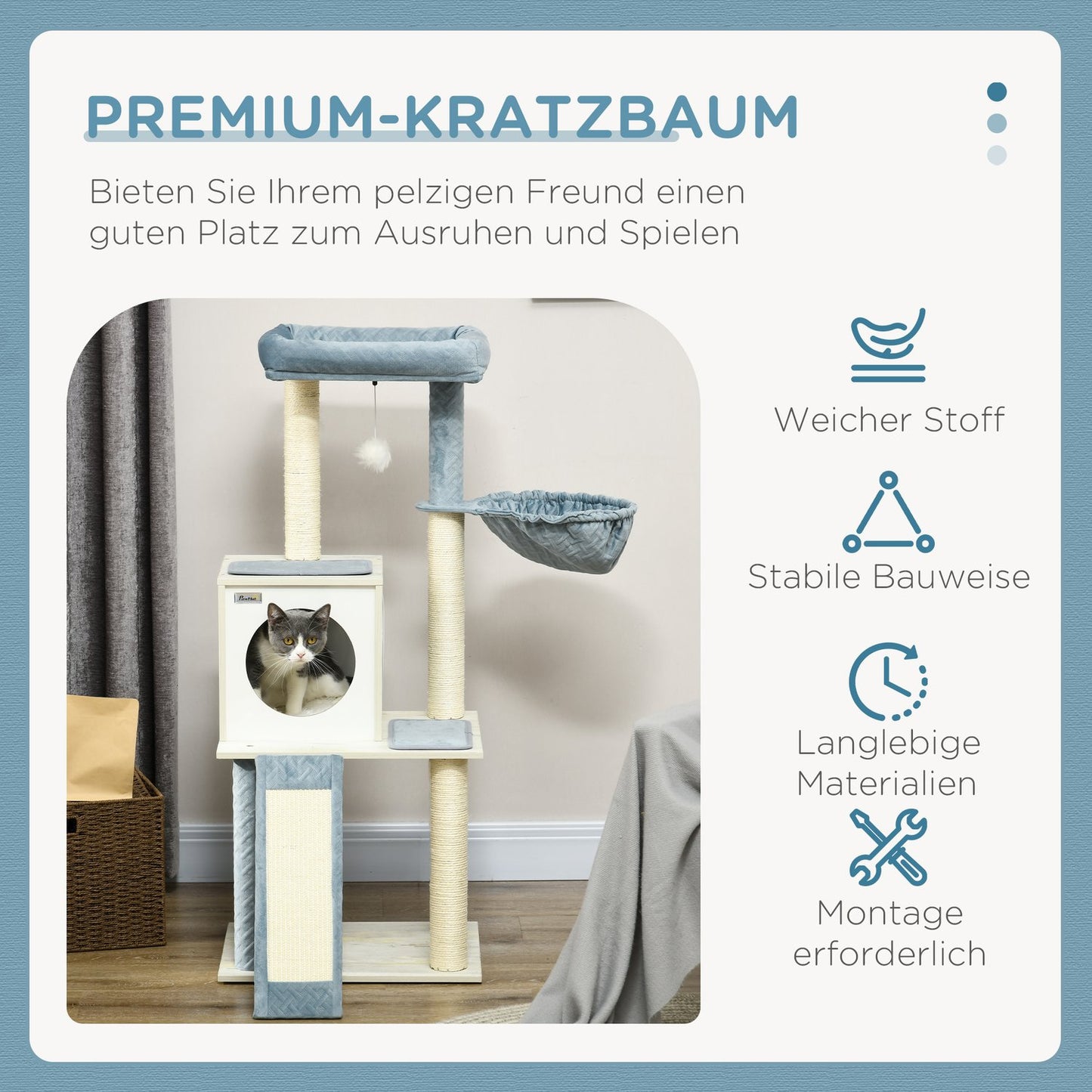 Cat tree, 114cm, Blue - With hanging bed & play ball