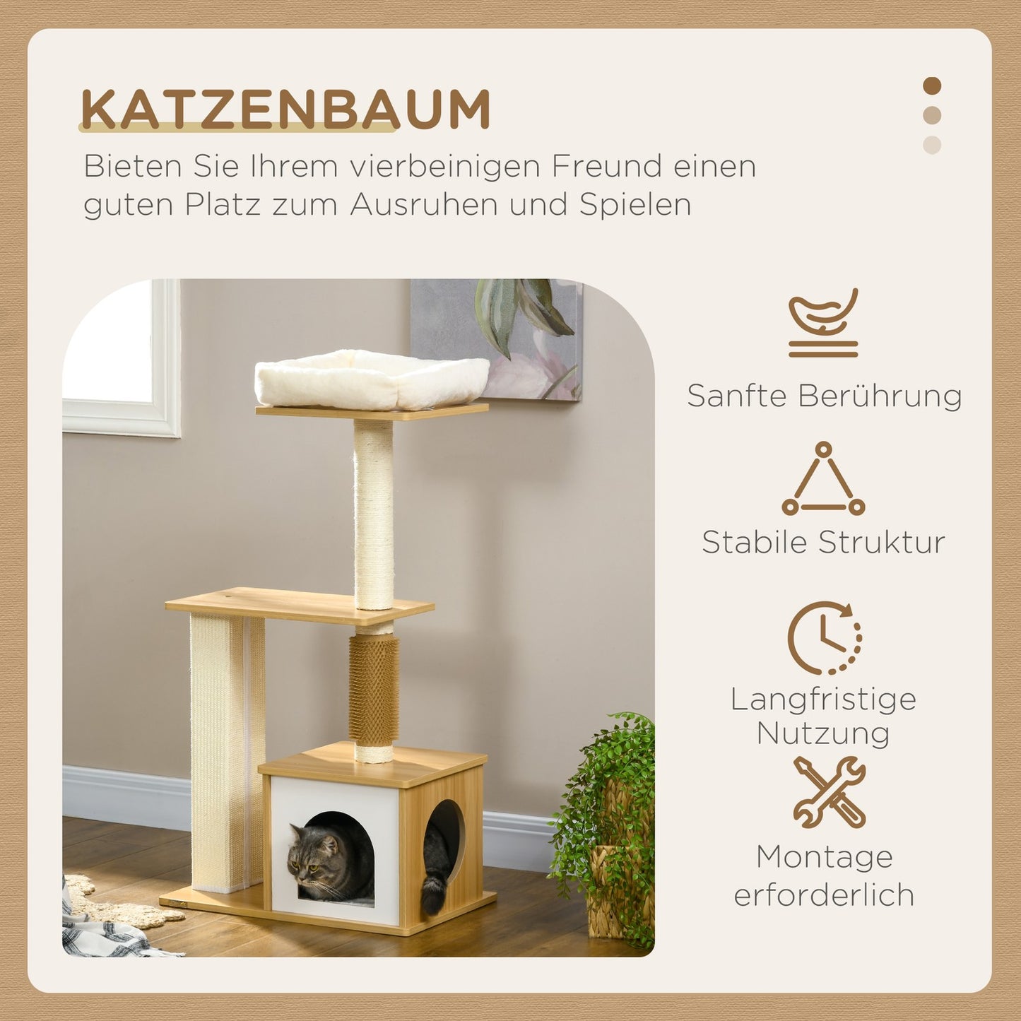 Multi-level cat tree with cave & scratching post, 114 cm, oak
