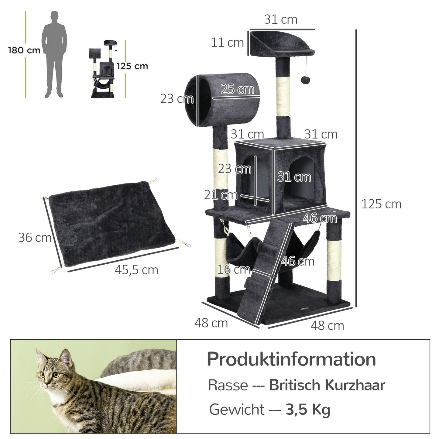 Cat scratching post 125cm with house, hammock & tunnel