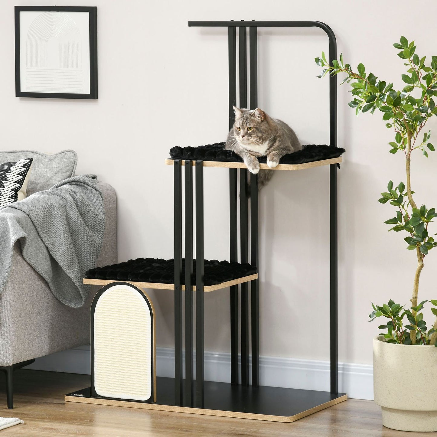 Cat tree with cushion and 2 platforms, black steel, 128cm