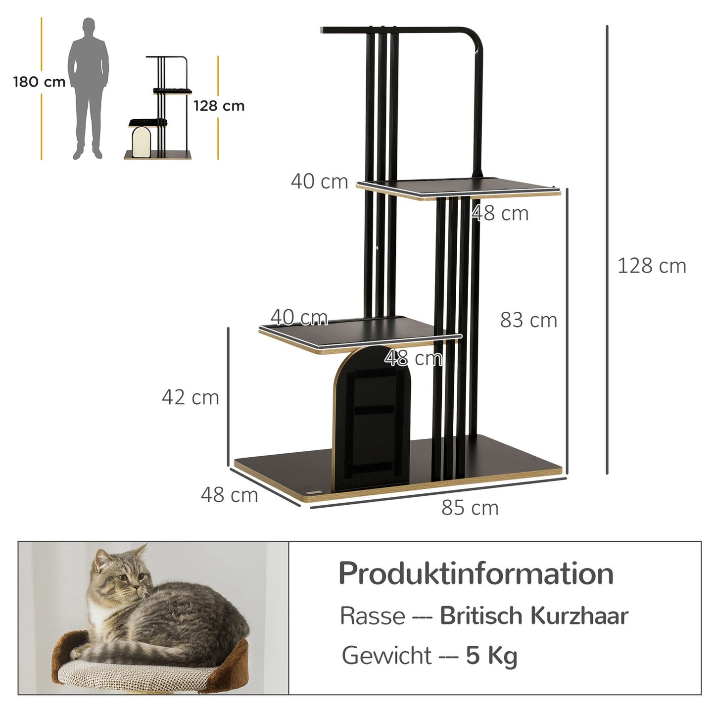 Cat tree with cushion and 2 platforms, black steel, 128cm