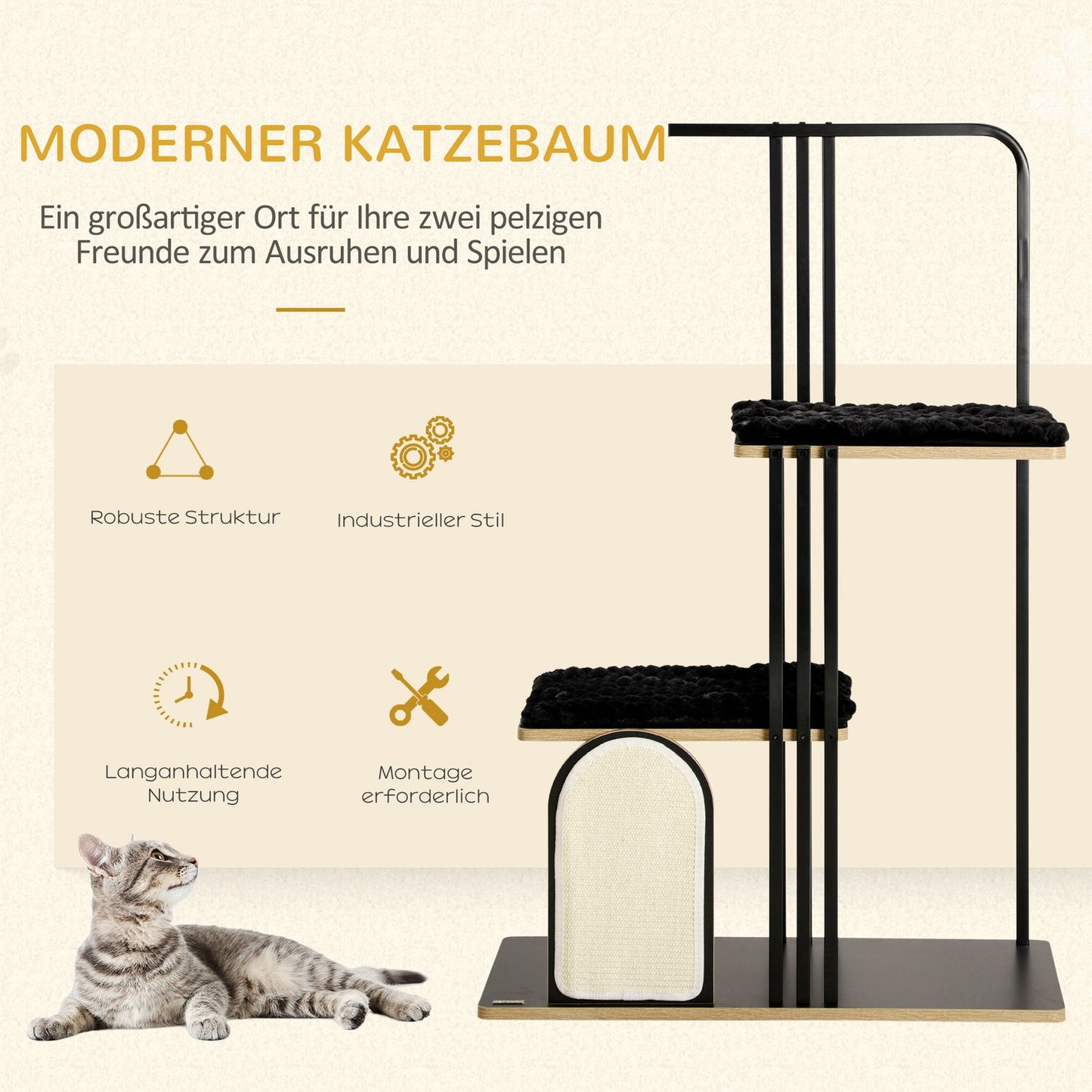 Cat tree with cushion and 2 platforms, black steel, 128cm