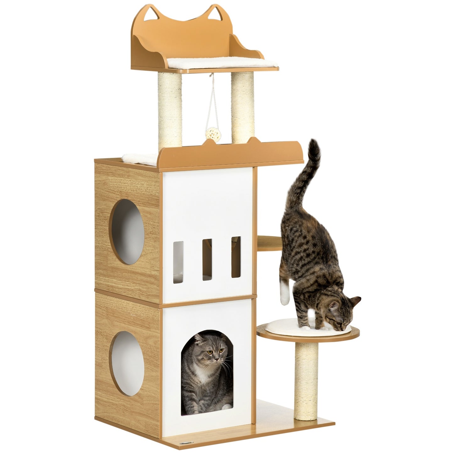 Cat tree with caves & play ball, 133 cm Oak & White