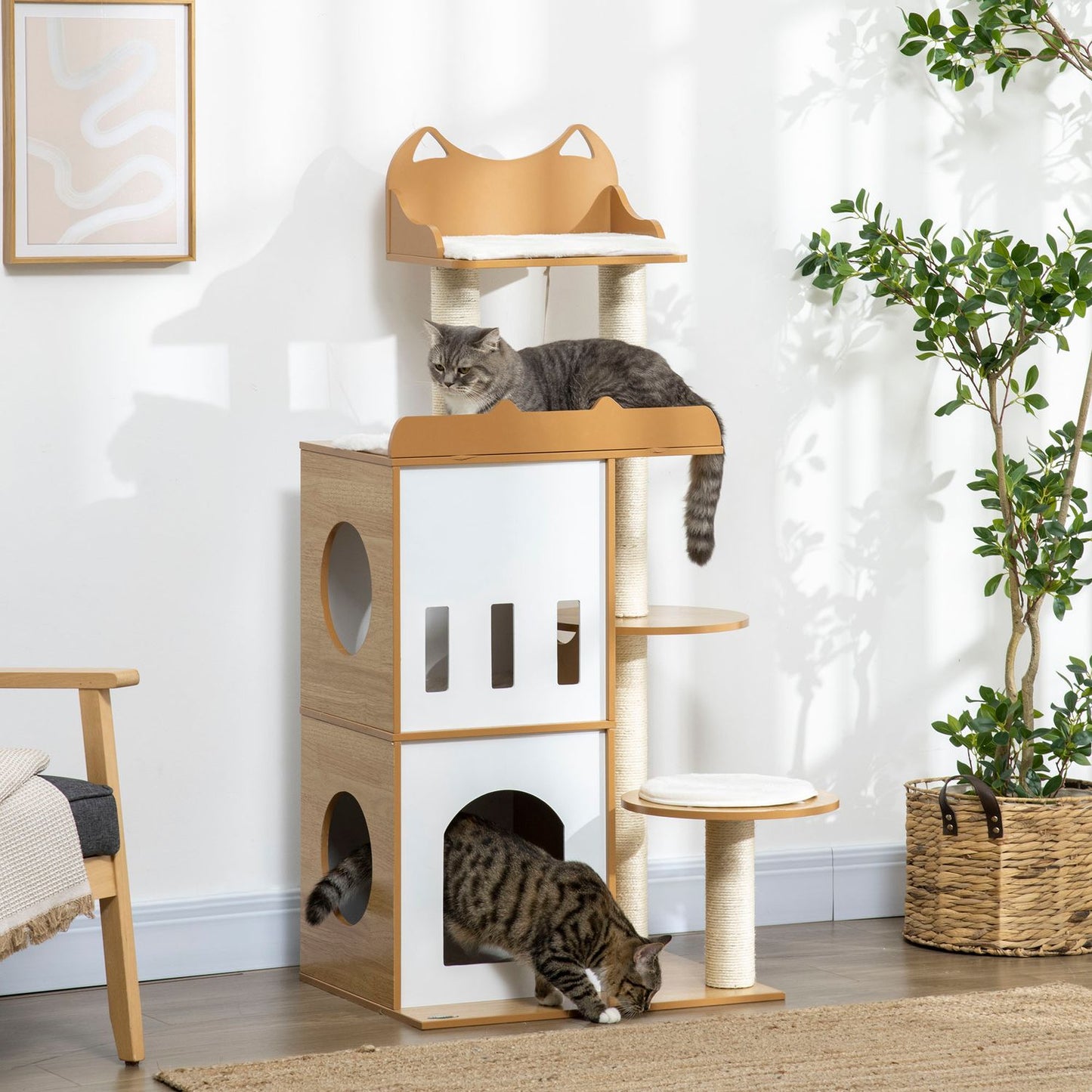 Cat tree with caves & play ball, 133 cm Oak & White