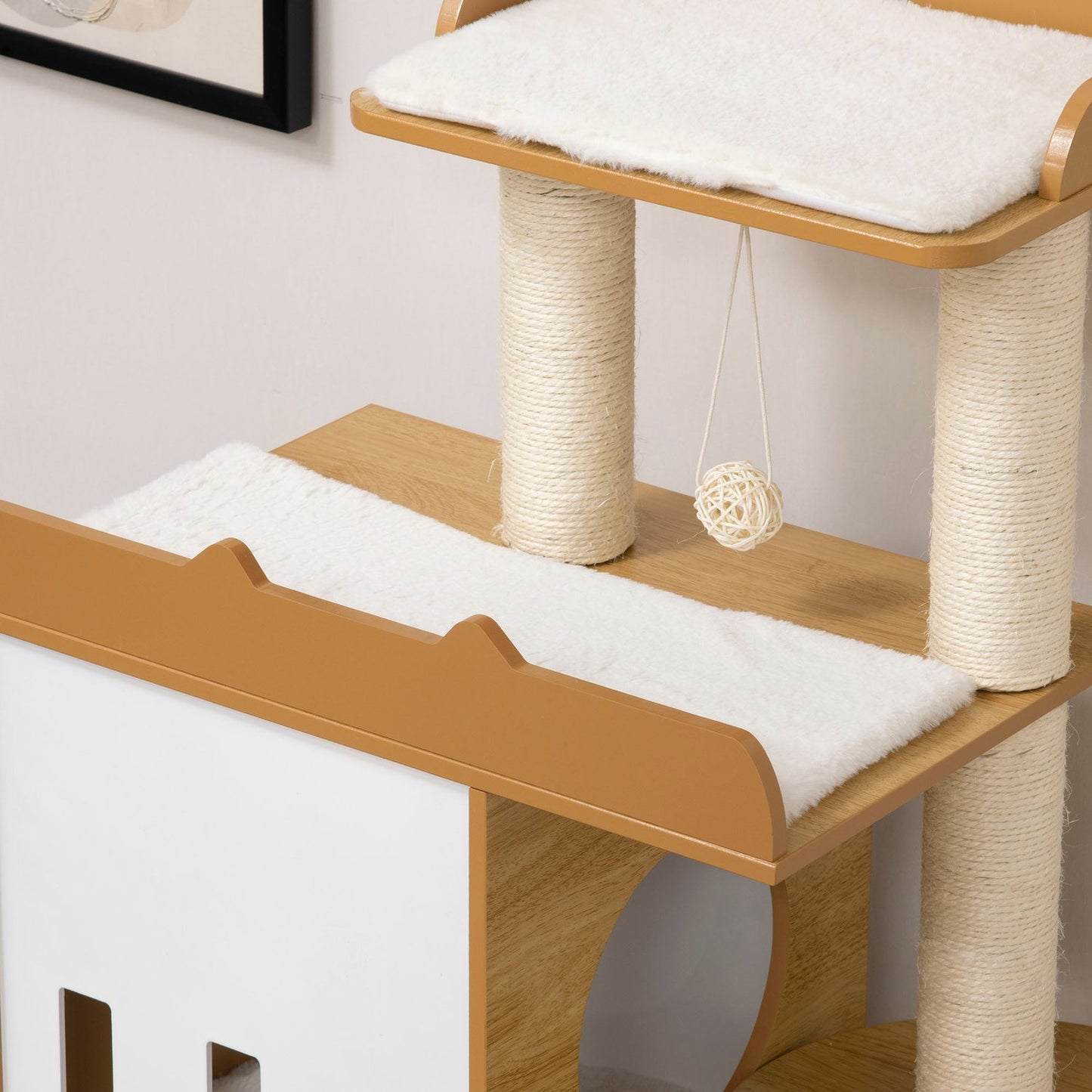 Cat tree with caves & play ball, 133 cm Oak & White
