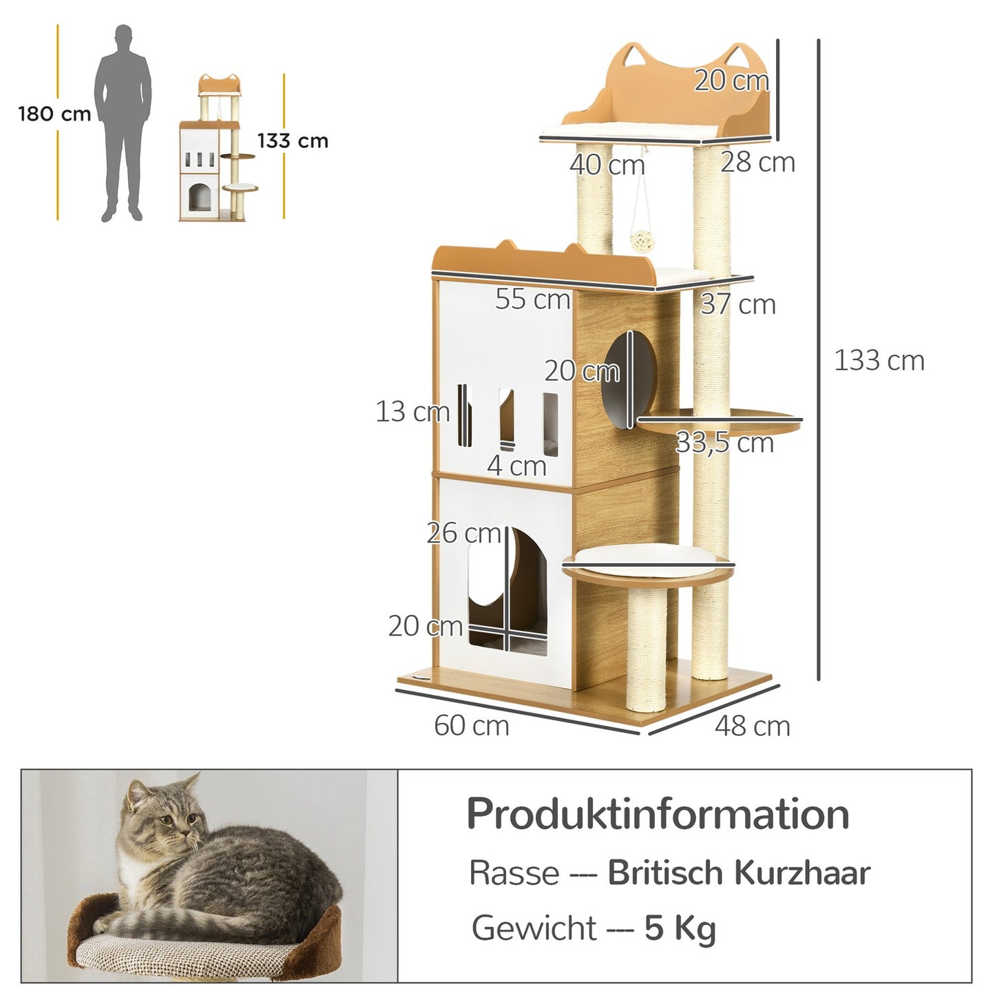 Cat tree with caves & play ball, 133 cm Oak & White