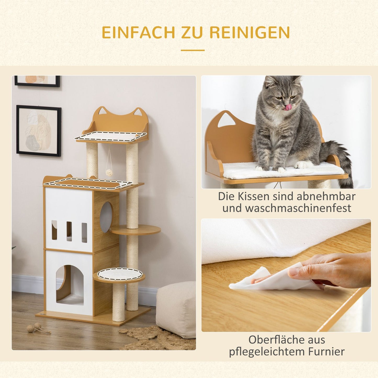 Cat tree with caves & play ball, 133 cm Oak & White