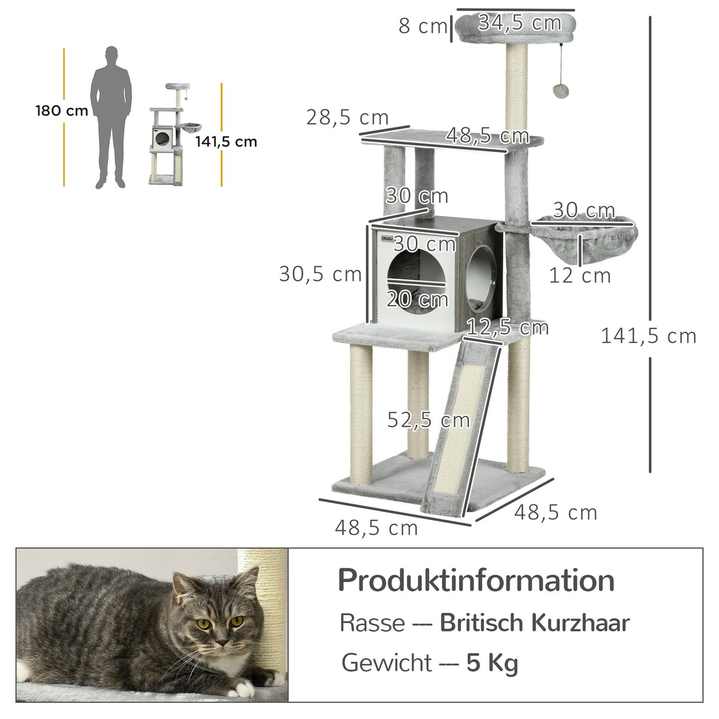 Cat tree 141.5 cm with cave, play ball, bed and sisal