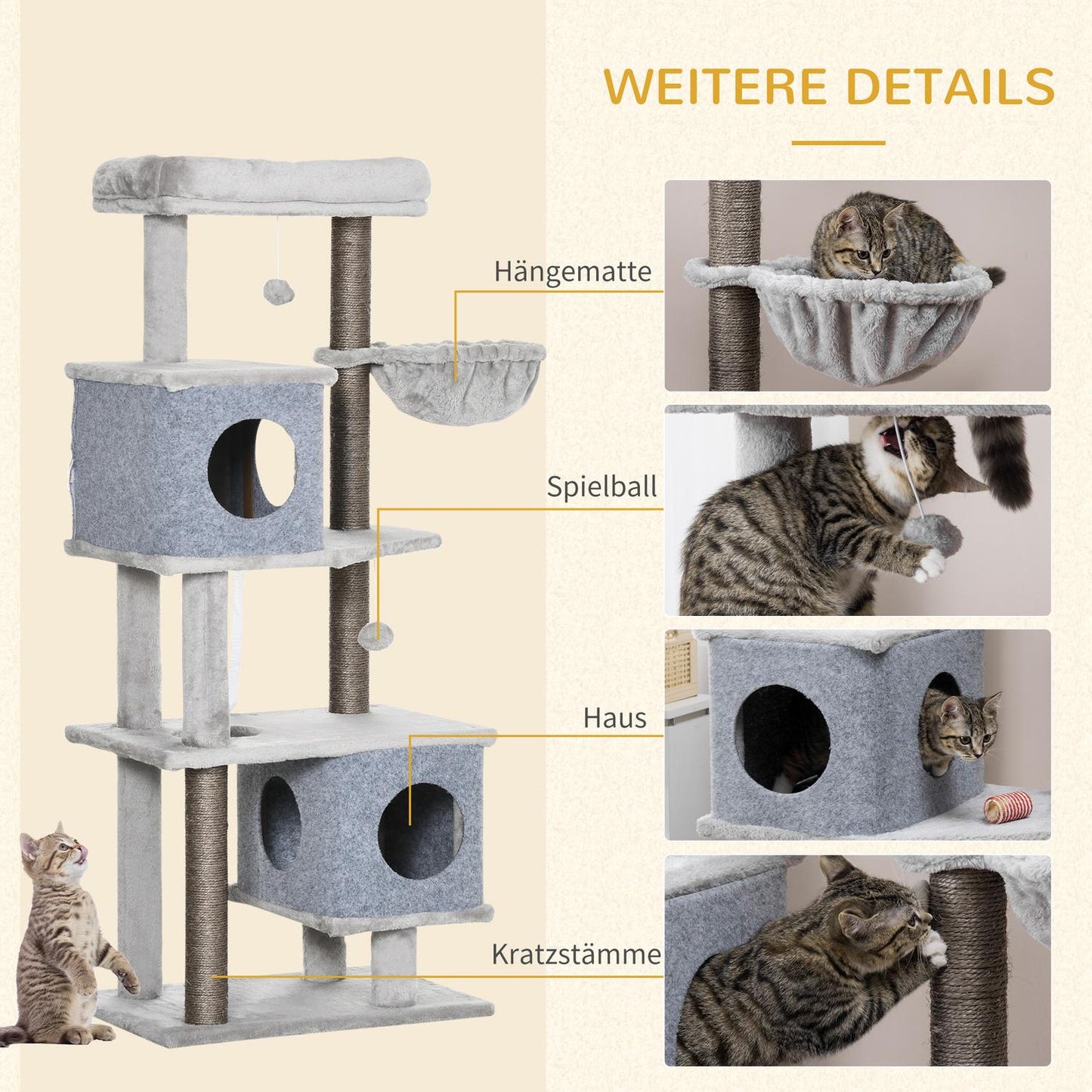 Tall cat tree with caves and platforms, sisal poles, gray