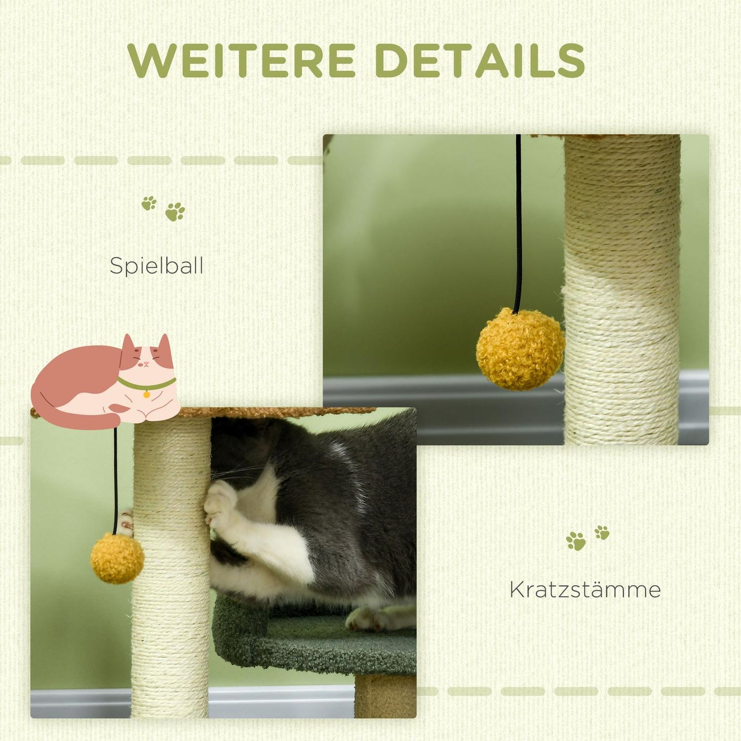 Cat Scratching Post 52 Cm, 2 Levels & Toy Ball Sisal