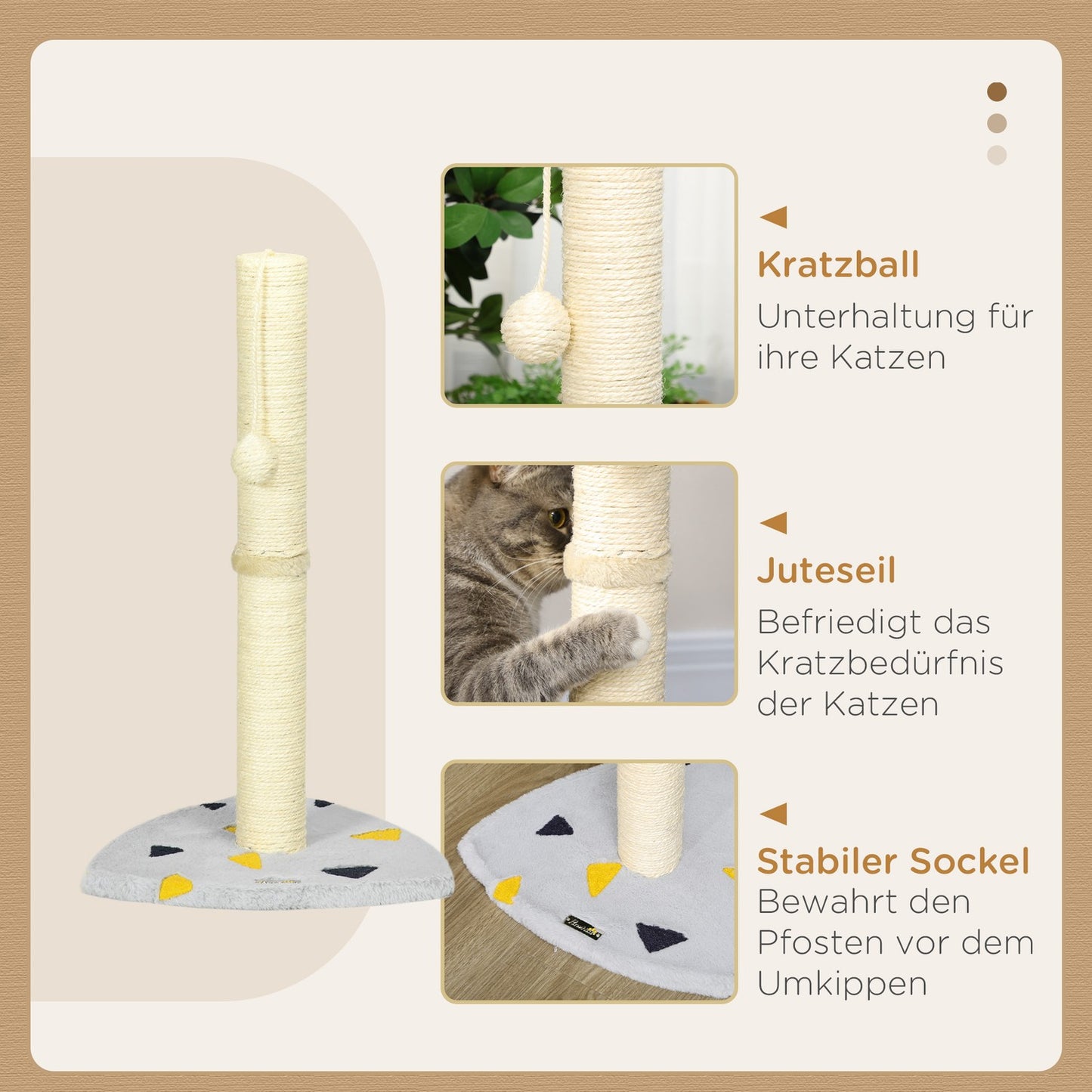 Cat scratching post, 62 cm jute with ball - light grey/beige