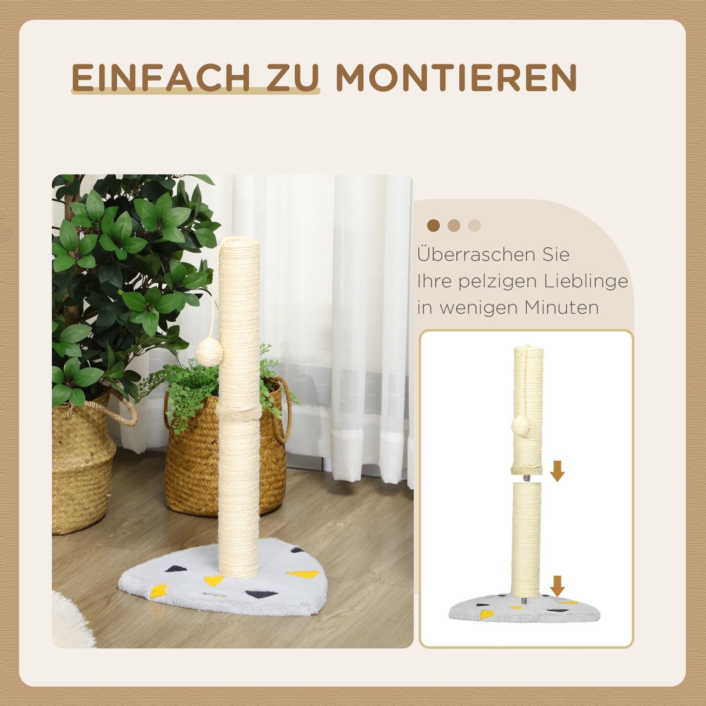 Cat scratching post, 62 cm jute with ball - light grey/beige