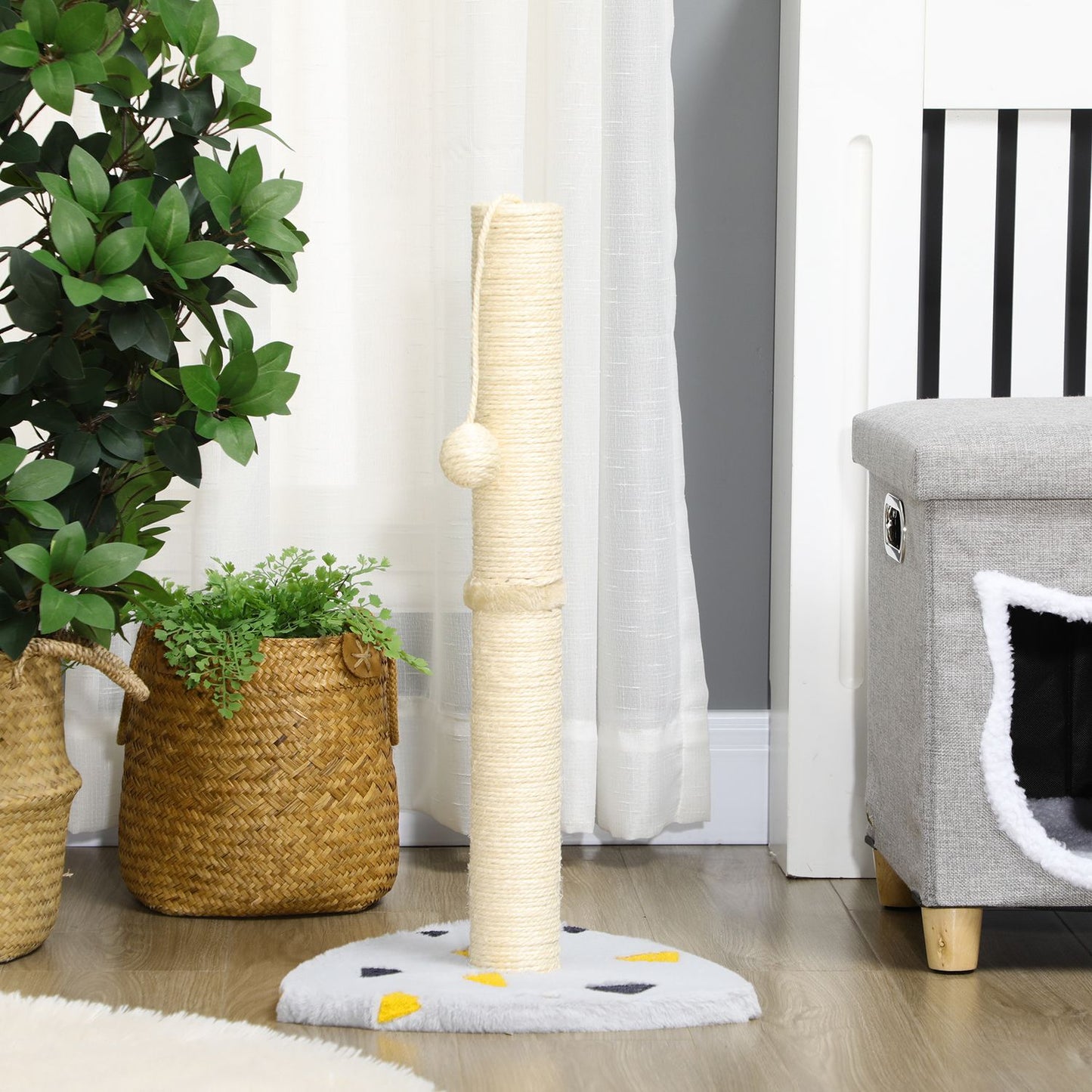 Cat scratching post, 62 cm jute with ball - light grey/beige