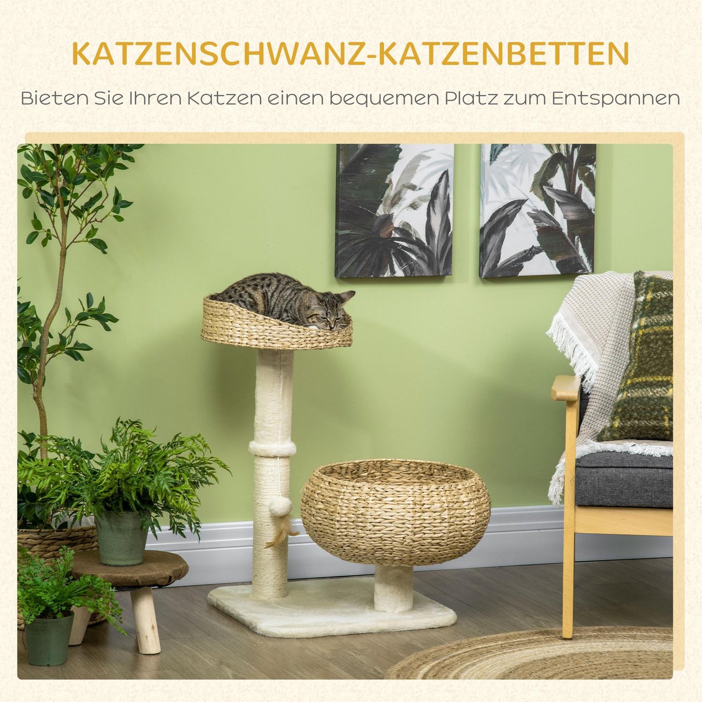 Cat Climbing Tree 72cm with beds & play ball, Beige/Cream