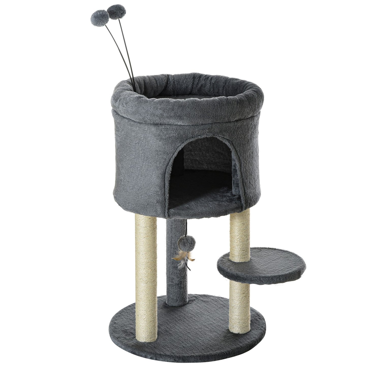Cat tree with cave, toy ball & sisal - grey/cream, 73.5 cm