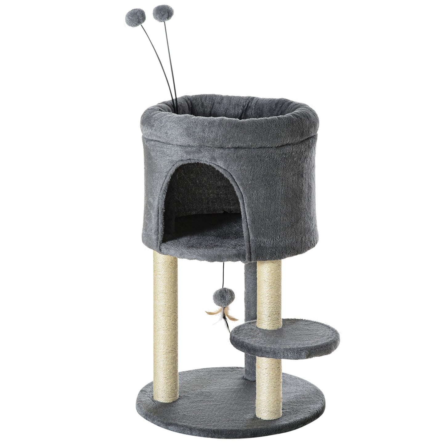 Cat tree with cave, toy ball & sisal - grey/cream, 73.5 cm