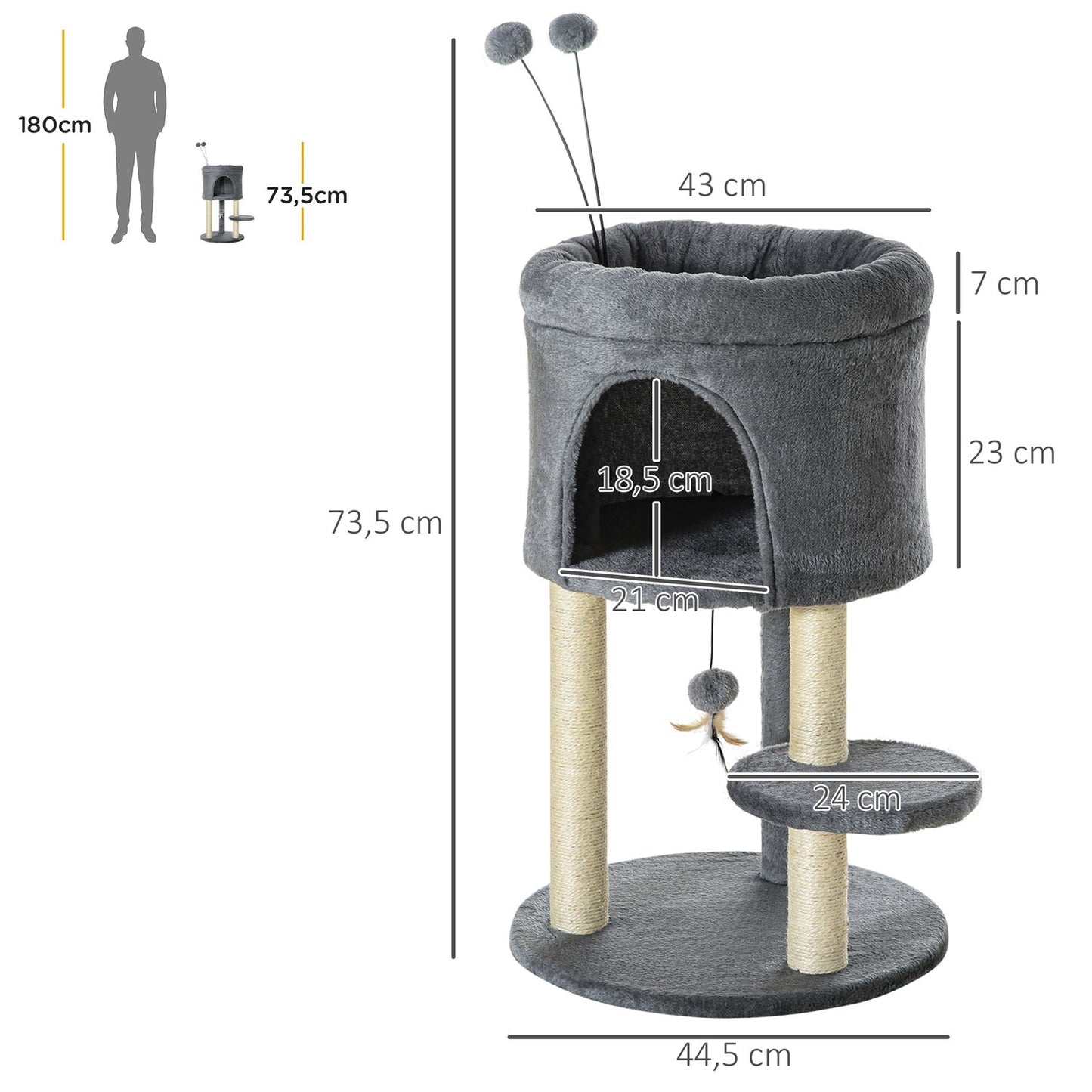 Cat tree with cave, toy ball & sisal - grey/cream, 73.5 cm