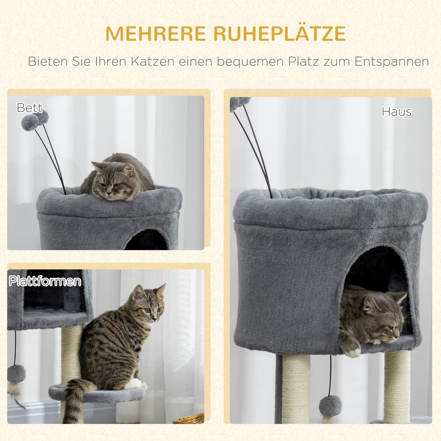 Cat tree with cave, toy ball & sisal - grey/cream, 73.5 cm