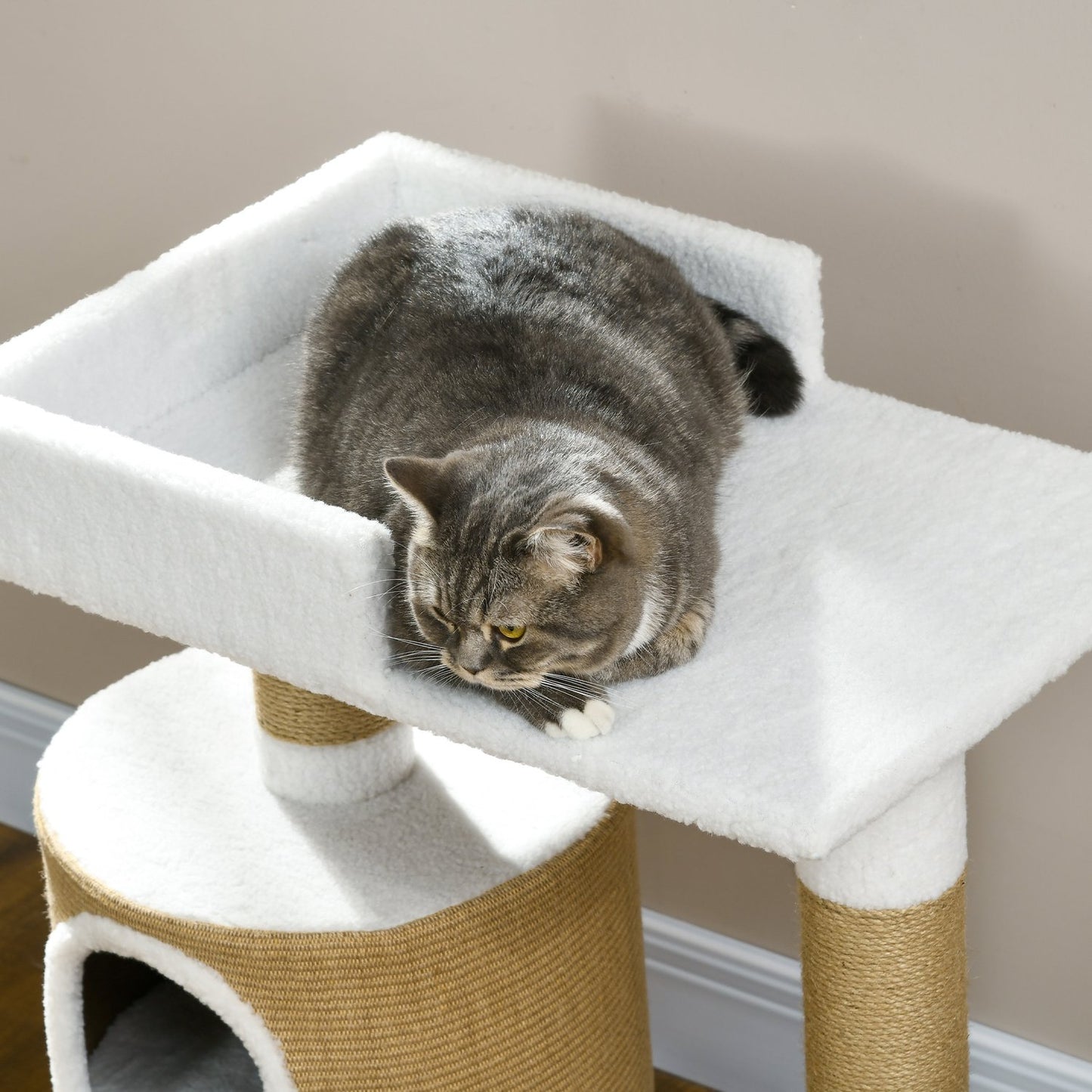 Cat tree scratching post, 79 cm with cave and bed, jute