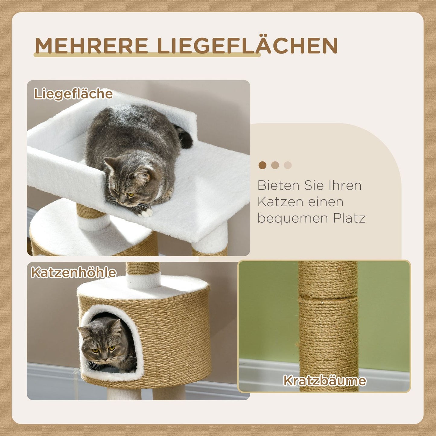 Cat tree scratching post, 79 cm with cave and bed, jute