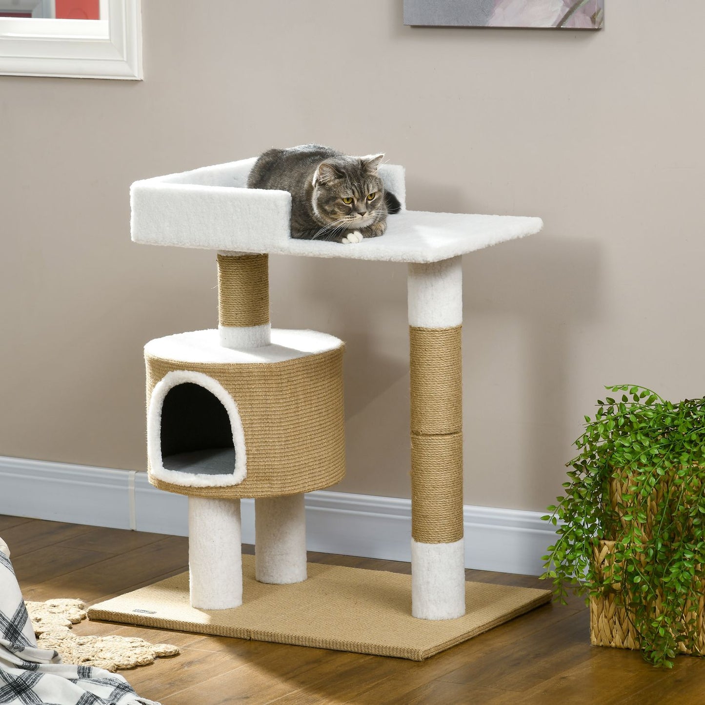 Cat tree scratching post, 79 cm with cave and bed, jute