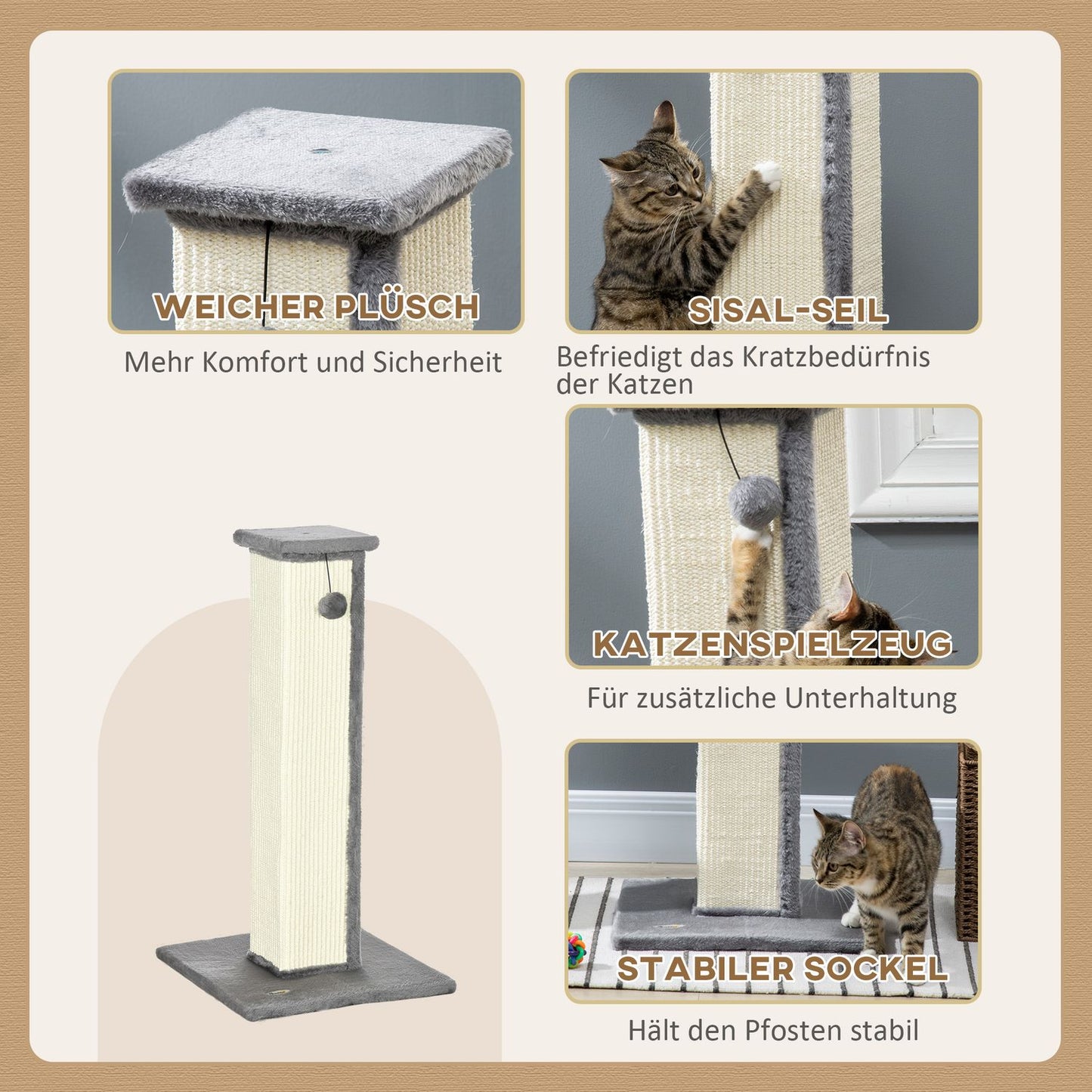 Cat scratching post, 81 cm sisal, gray and cream with play ball