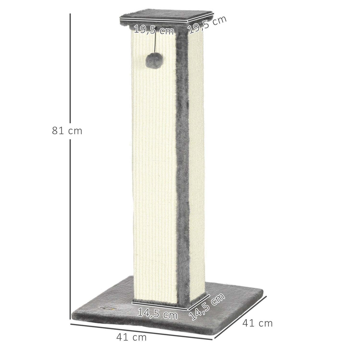 Cat scratching post, 81 cm sisal, gray and cream with play ball