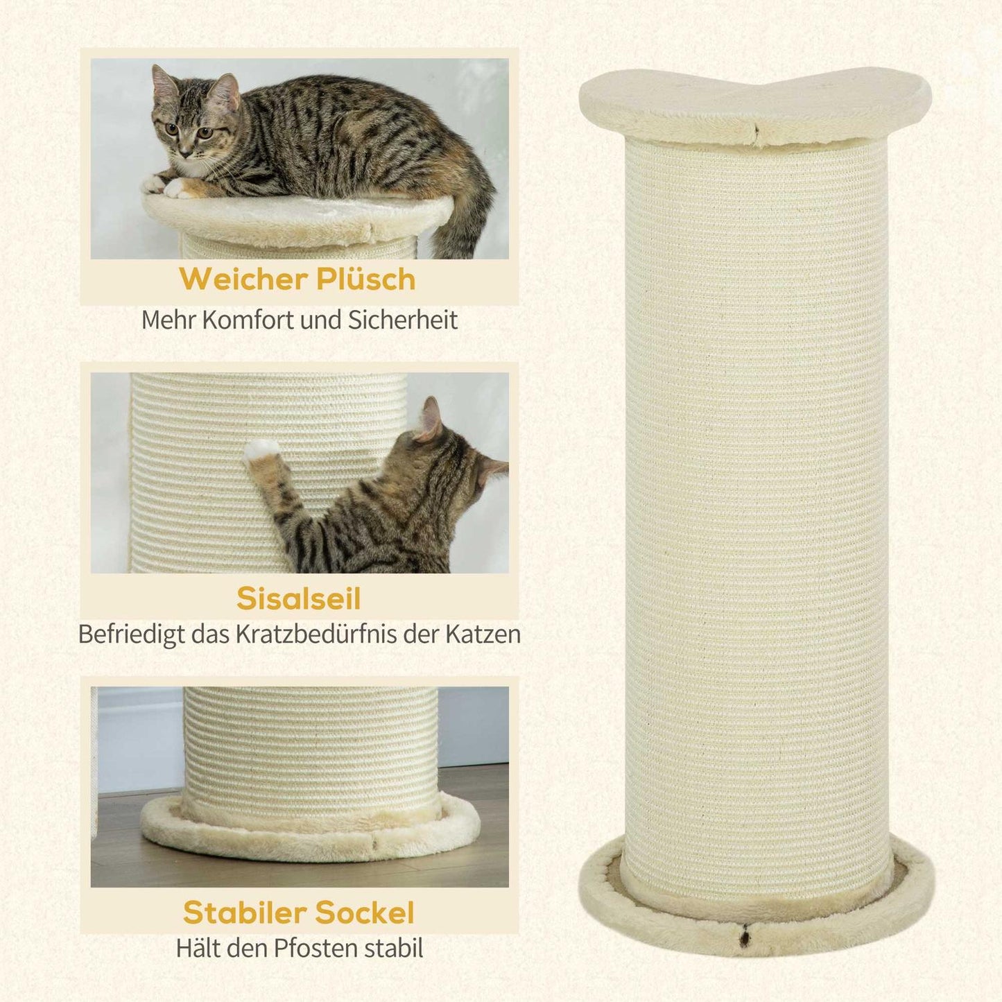 Cat scratching post, 85 cm, sisal rope, plush cream