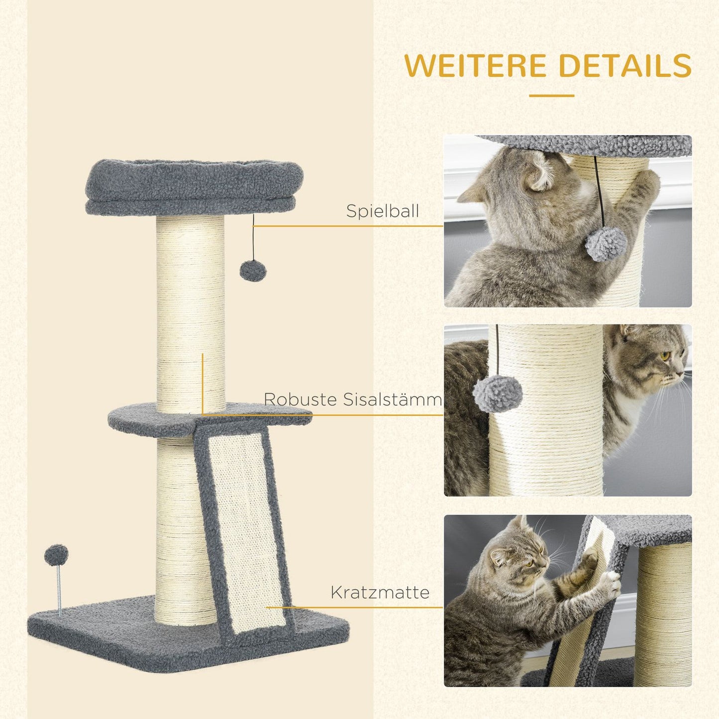 Long cat climbing tree with sisal & play ball, grey/cream