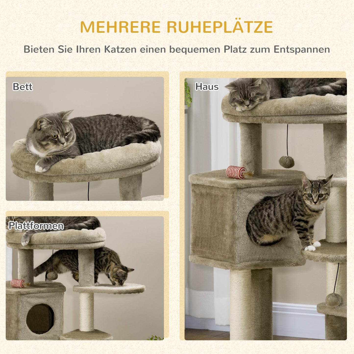 Cat Climbing Tree with Cave & Play Ball, Brown & Cream