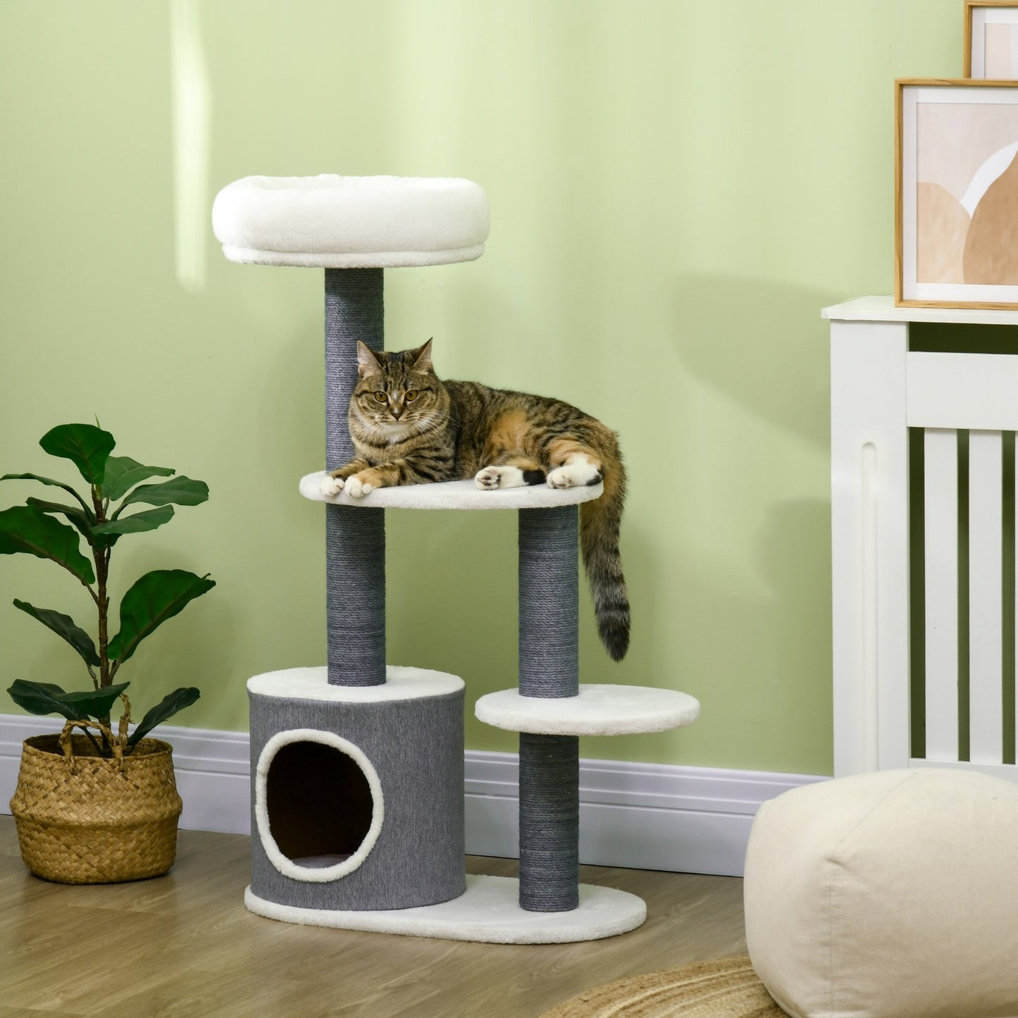 Cat tree with cave & scratching post, 98cm, grey/white