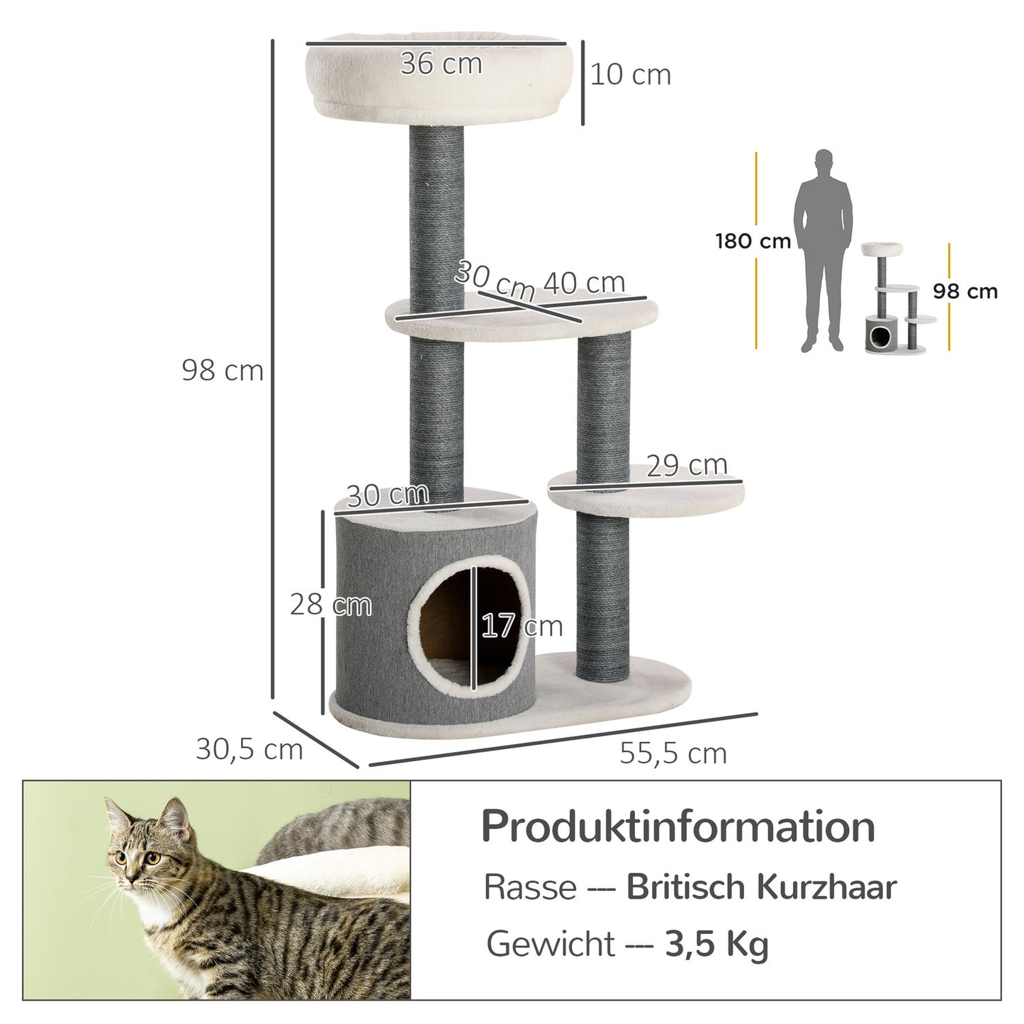 Cat tree with cave & scratching post, 98cm, grey/white