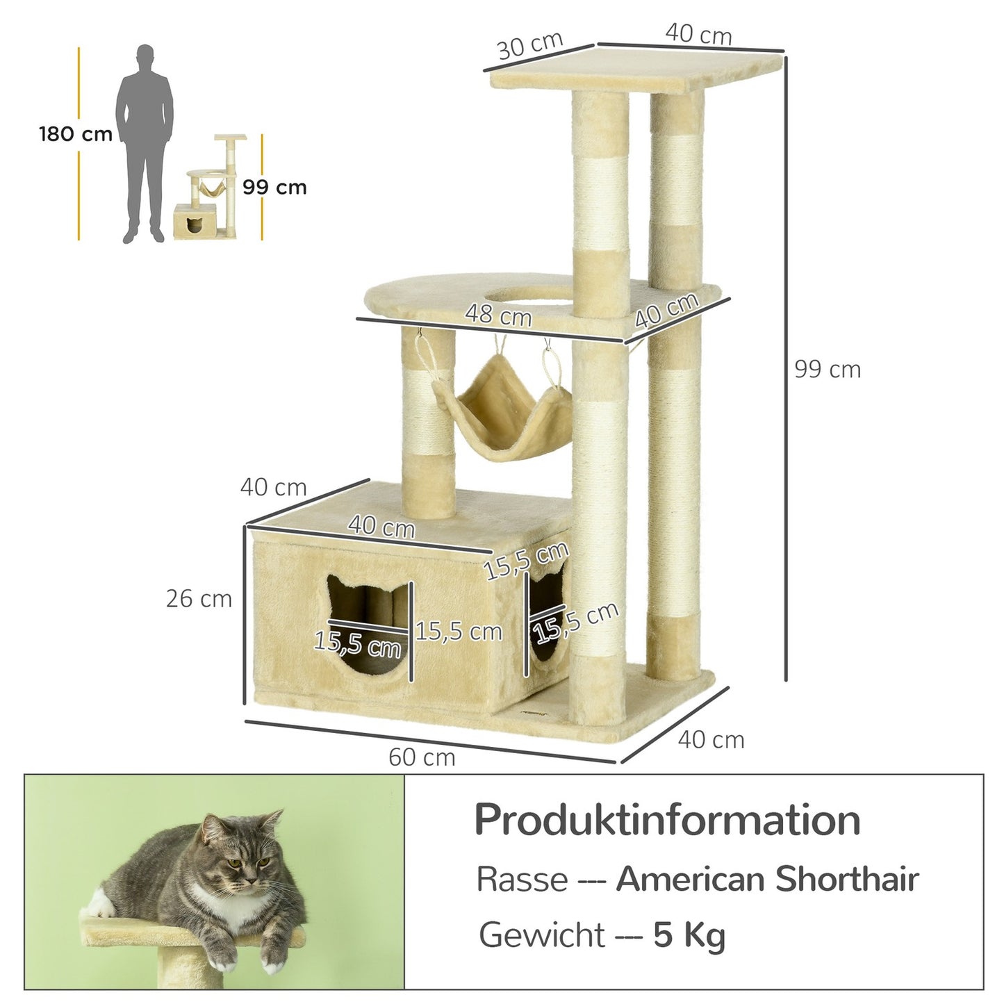 Cat scratching post - 99 cm plush tree with bed and cave