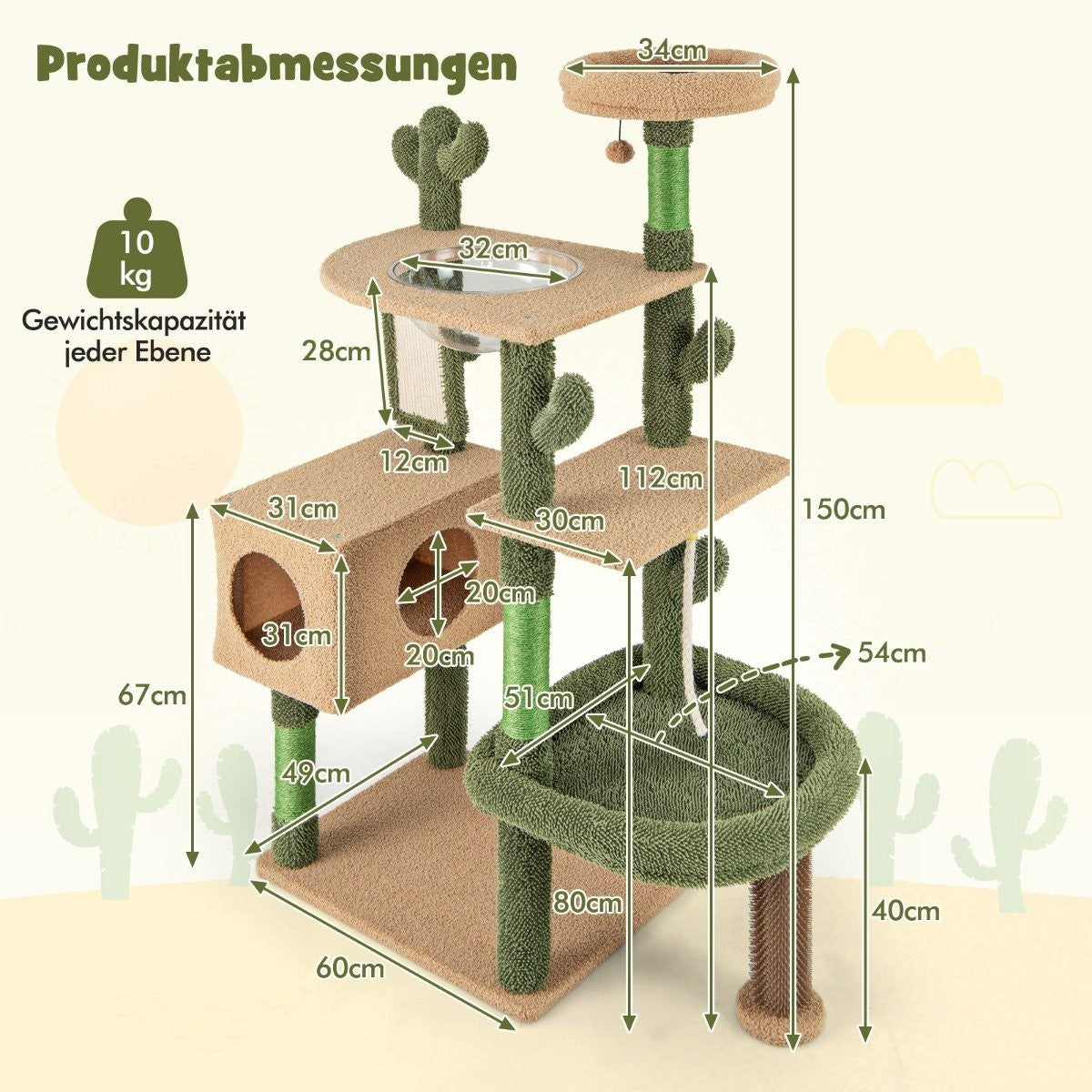 Scratching Post Cactus Cat Tree with Platforms Brush Toy Sisal Rope Green + Brown
