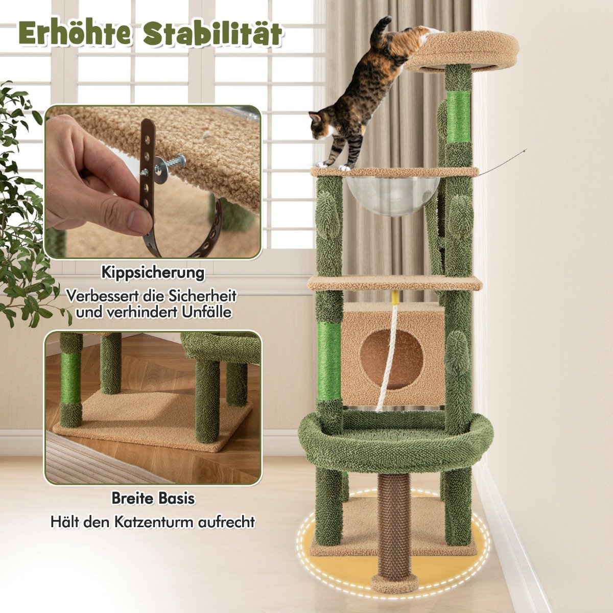 Scratching Post Cactus Cat Tree with Platforms Brush Toy Sisal Rope Green + Brown