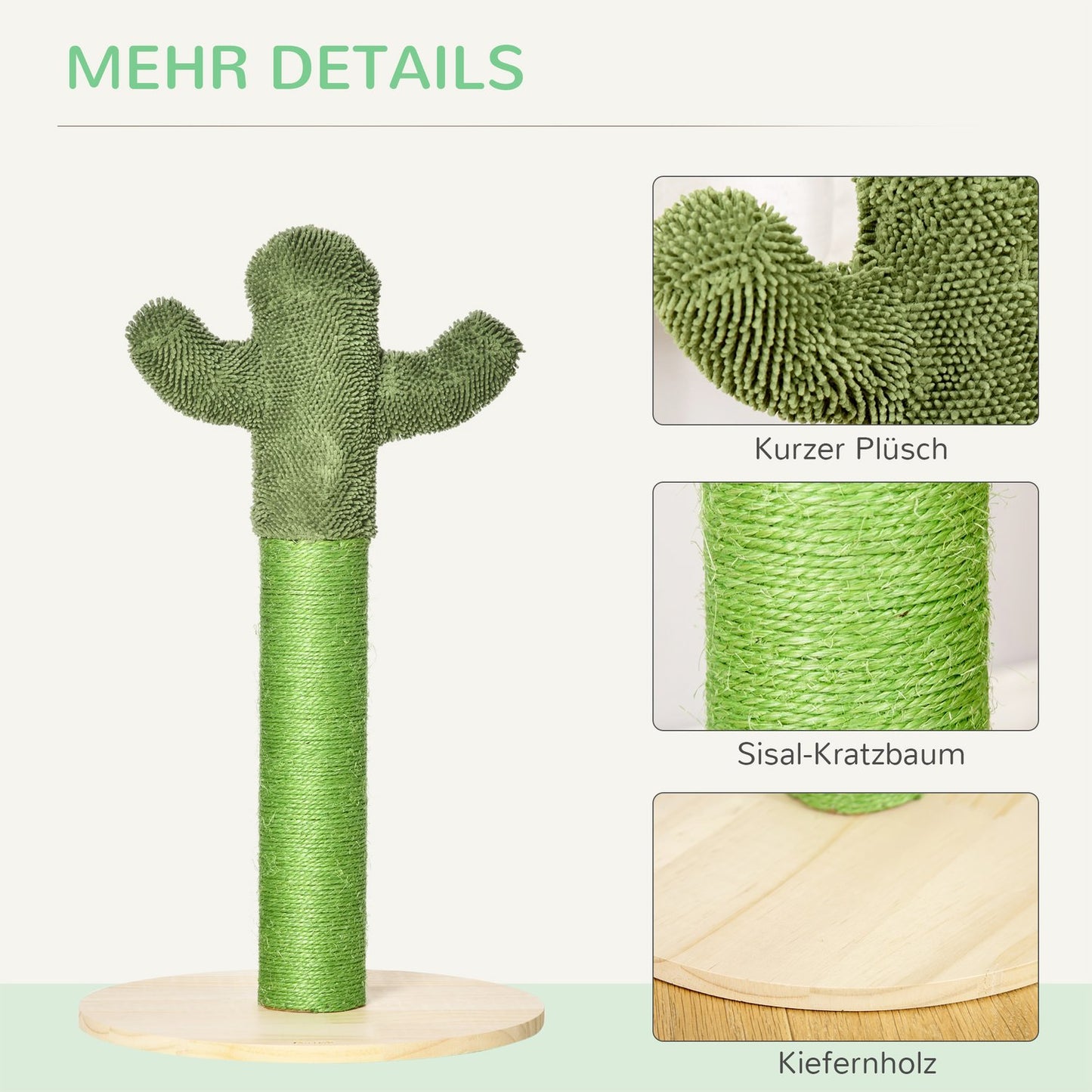 Cat scratching post, cactus design, pine & sisal, 65cm