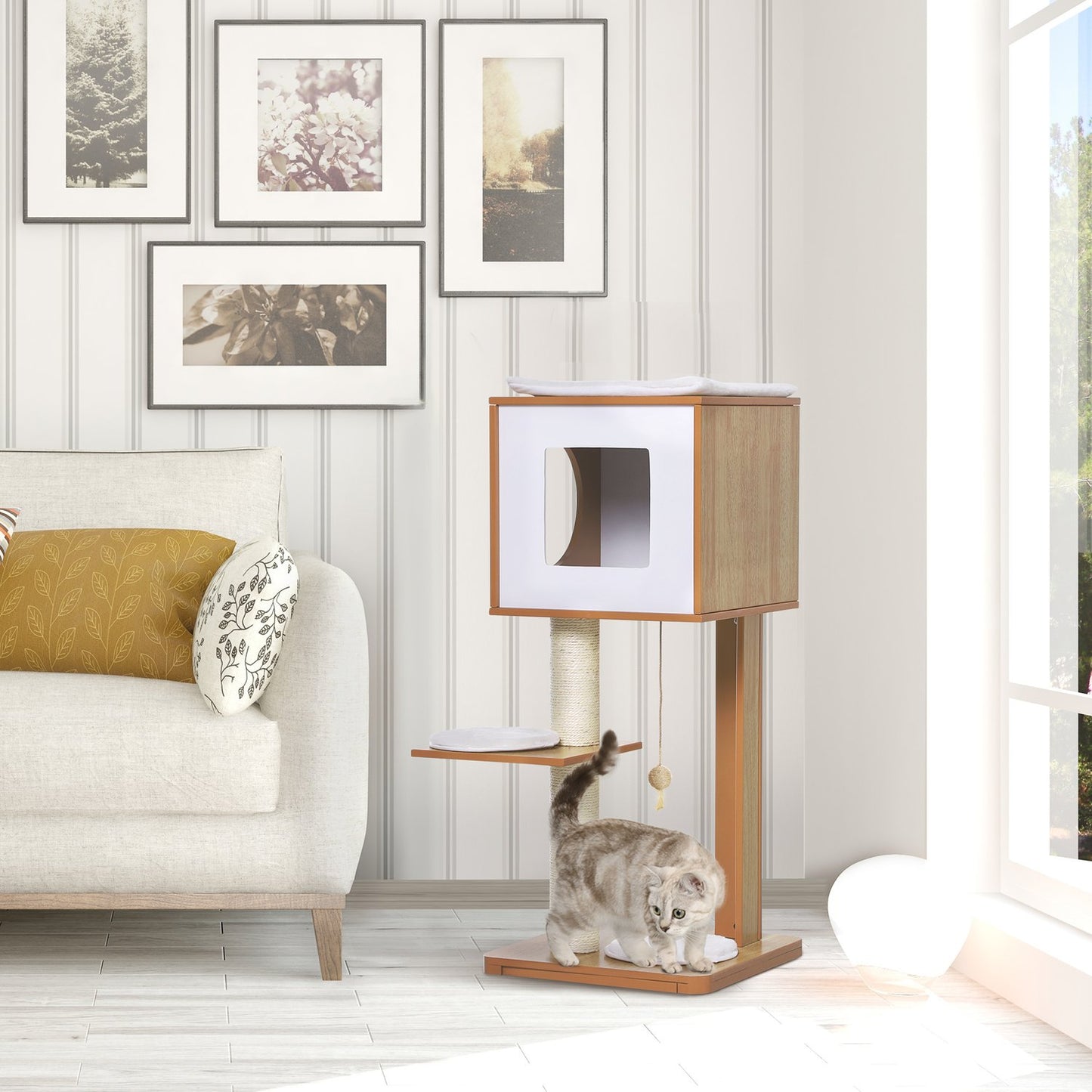 Cat scratching post with cave, sisal rods and 4 cushions