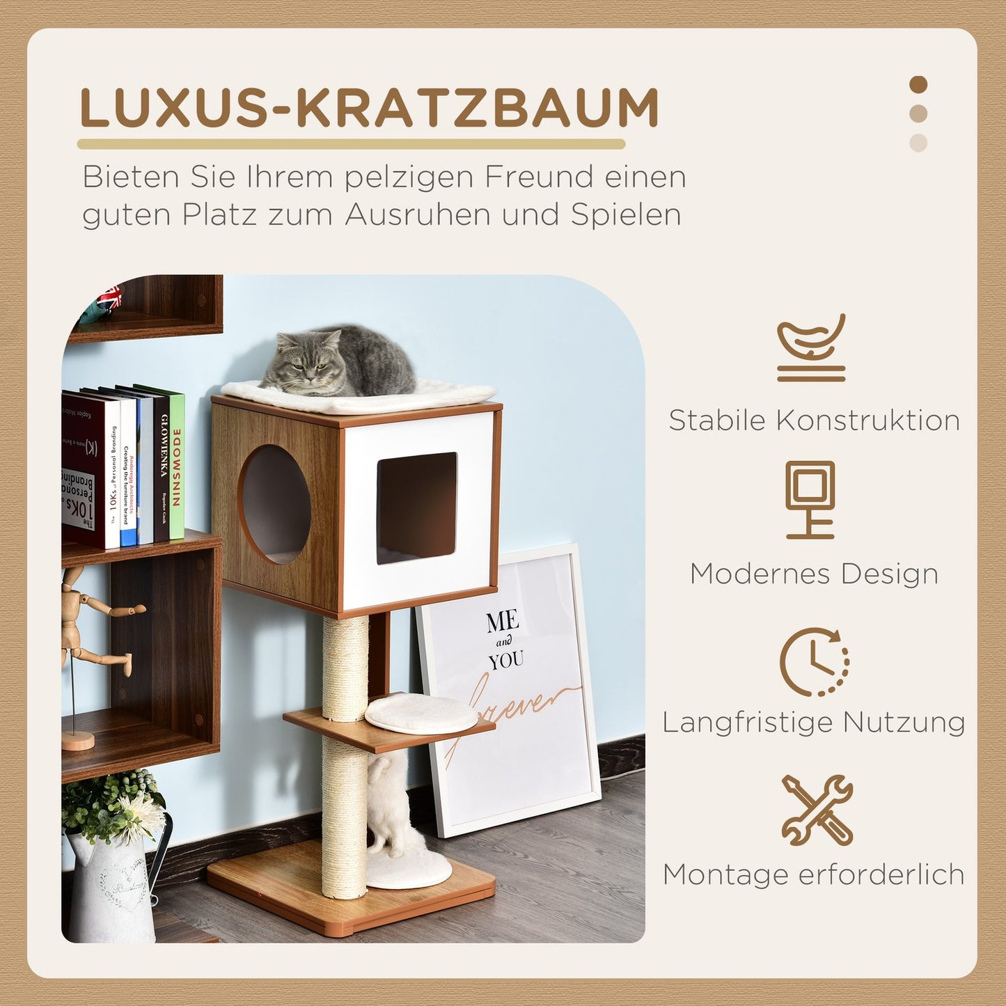 Cat scratching post with cave, sisal rods and 4 cushions