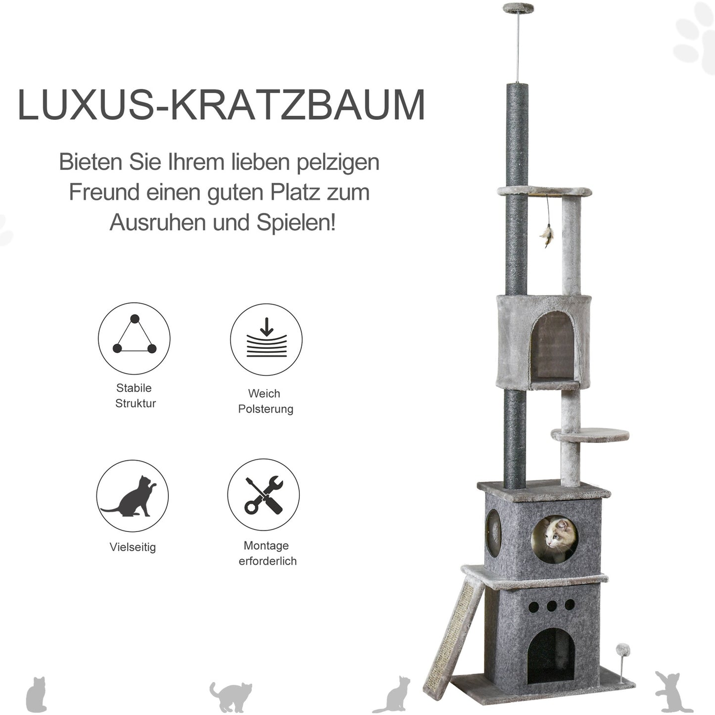 Cat tree with high ceiling with toys, sisal plush, adjustable
