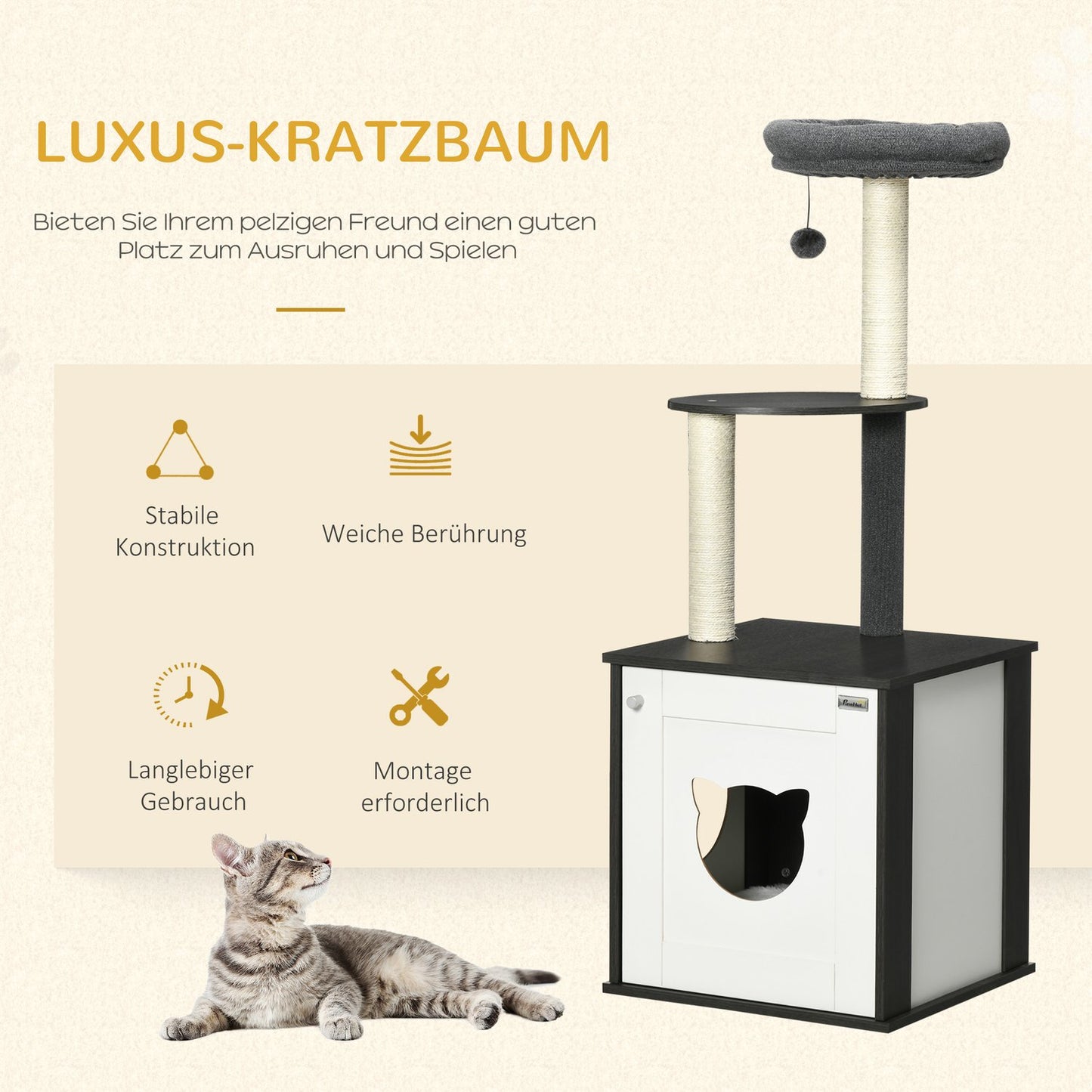 Cat climbing tree with sisal posts and bed, dark grey/white
